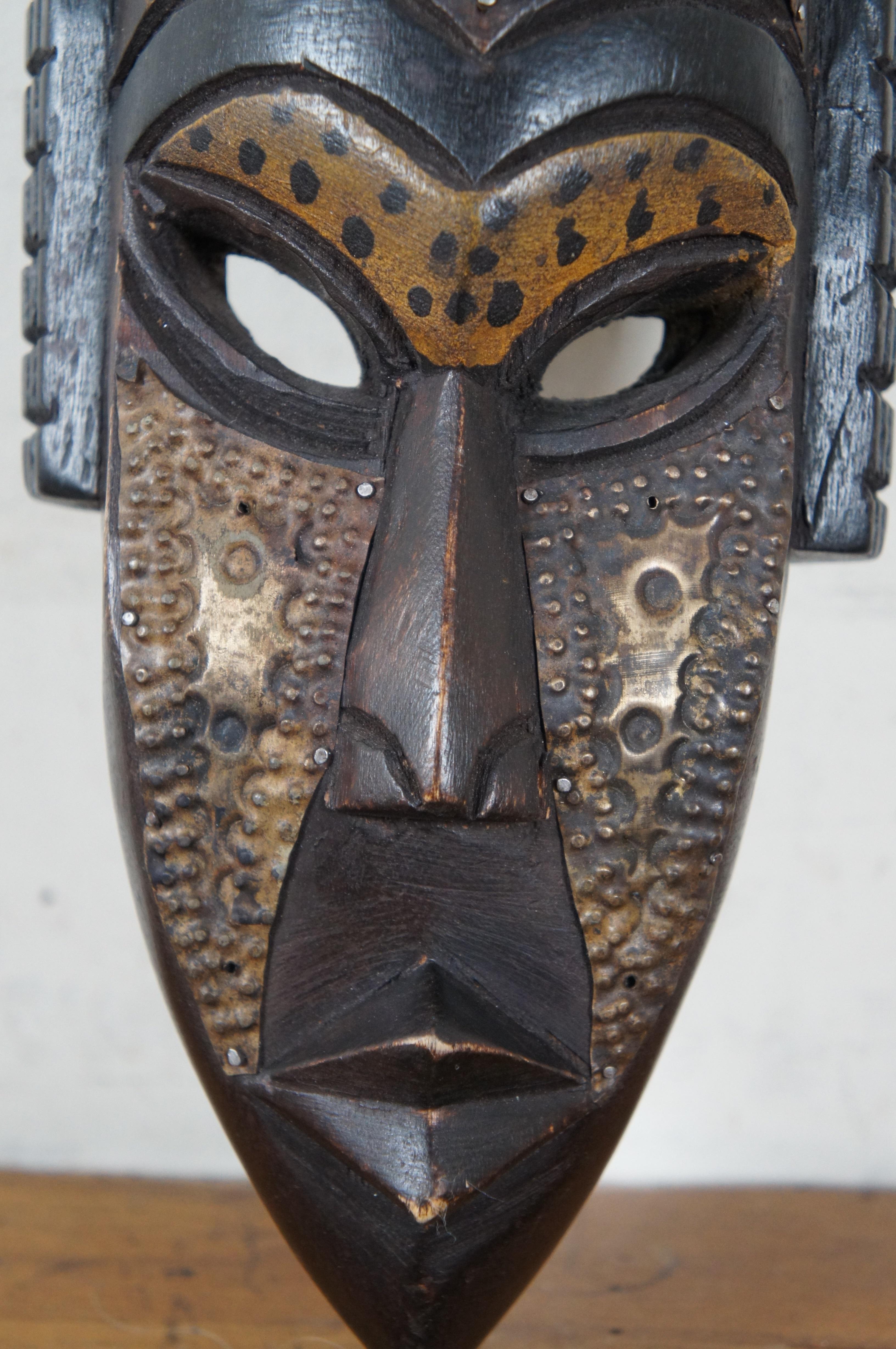 Ghana African Tribal Carved Hammered Copper Folk Art Warrior Face Mask 16