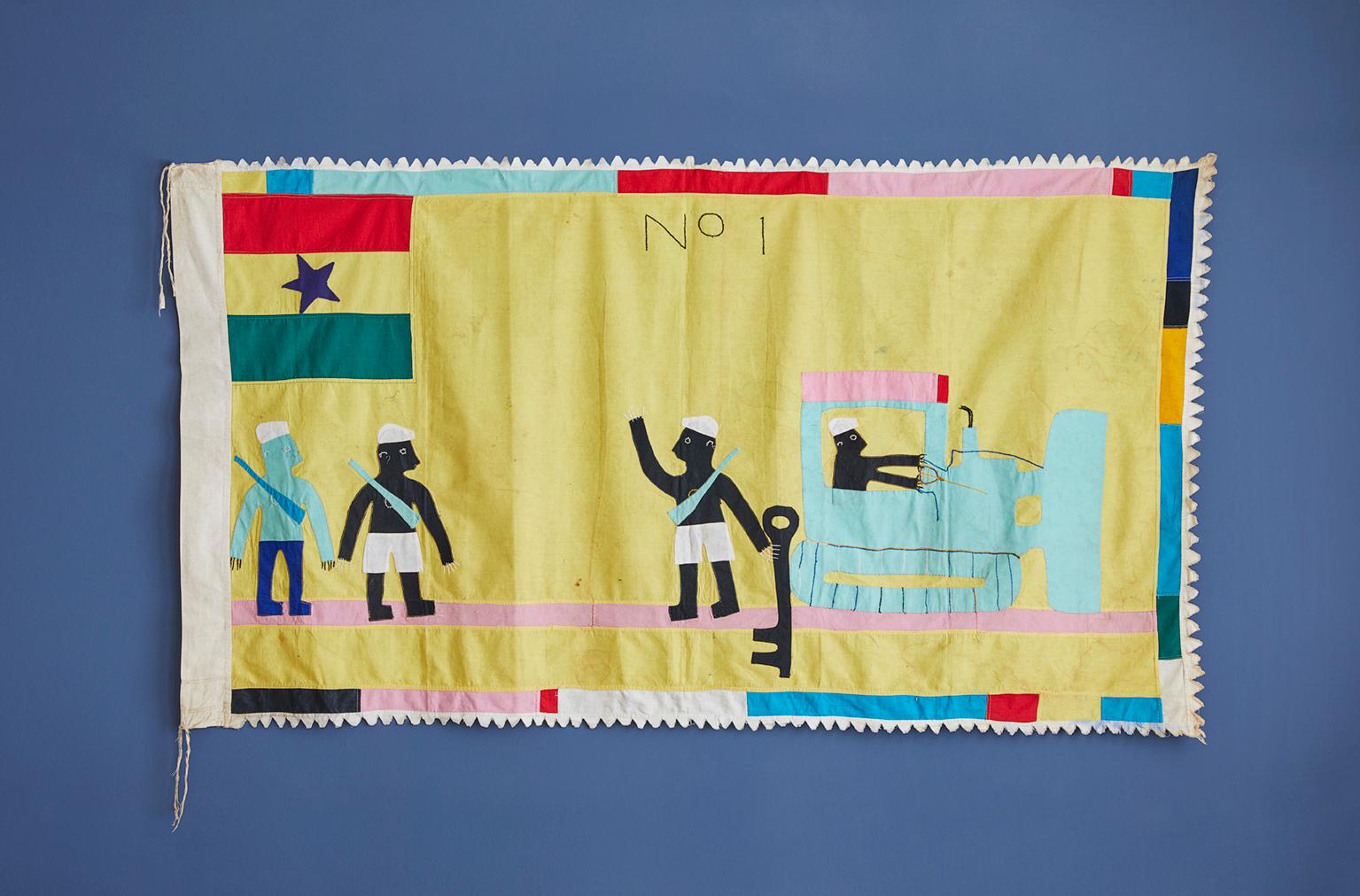 Asafo flag in cotton applique pattern by the Fante people. 

A unique and creative image, with an earth mover replacing earlier subjects as a metaphor for the strength boasted of by the company. Dates from circa 1970s. Condition is