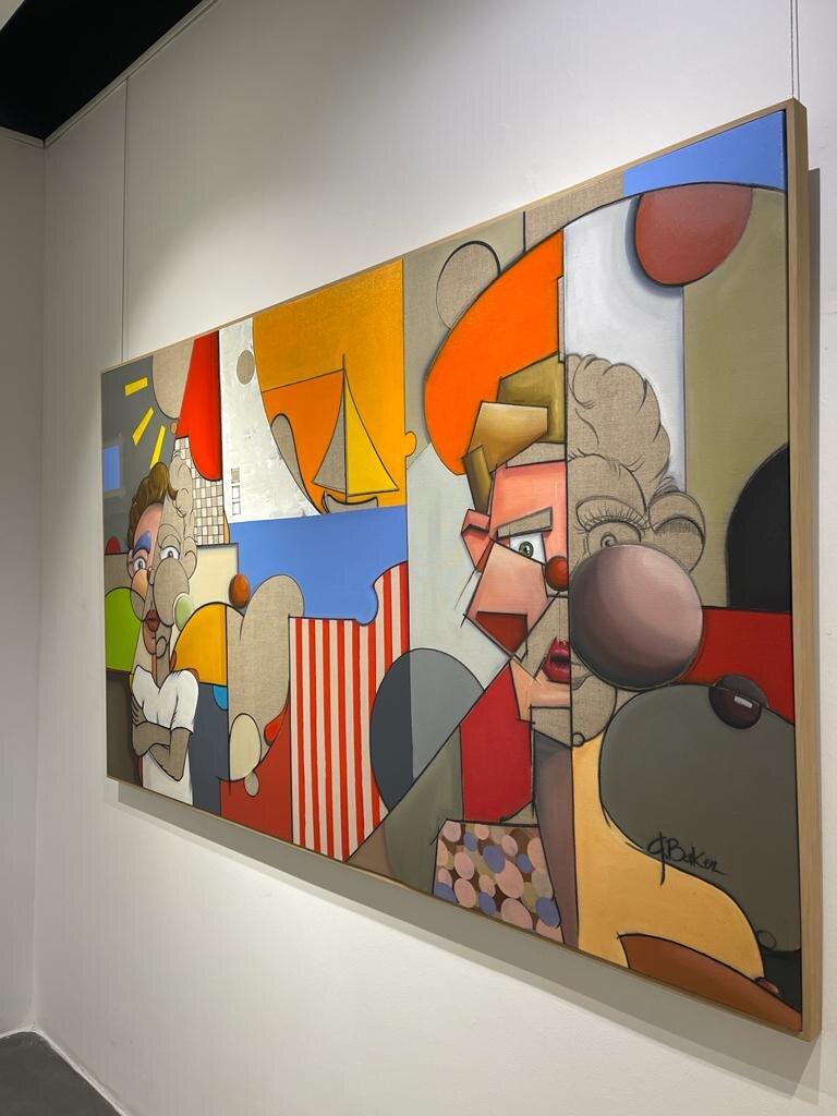 Baker’s style can be characterized as an exotic cocktail of lines and forms based in post-structuralism. His work is cerebral and deliberately anti-thematic, juxtaposing lighthearted visuals with deeply human concepts and influences to portray an
