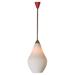 1950s Italian Brass Pendant Lamp with Opaline Glass Shade and Red Canopy