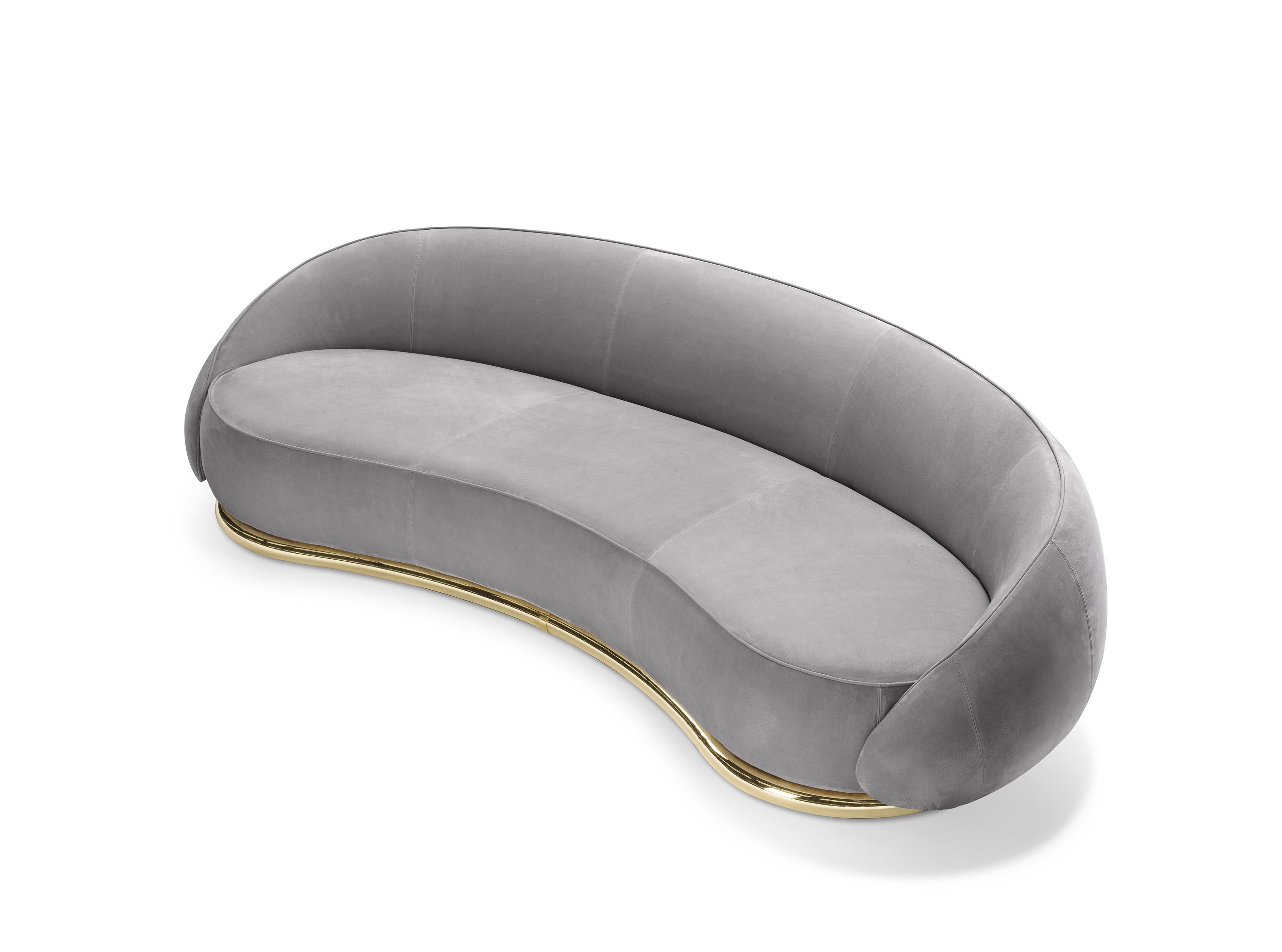 Italian Ghidini 1961 Abbracci 3-Seat Sofa in Grey Leather and Brass Base by L. Bozzoli For Sale