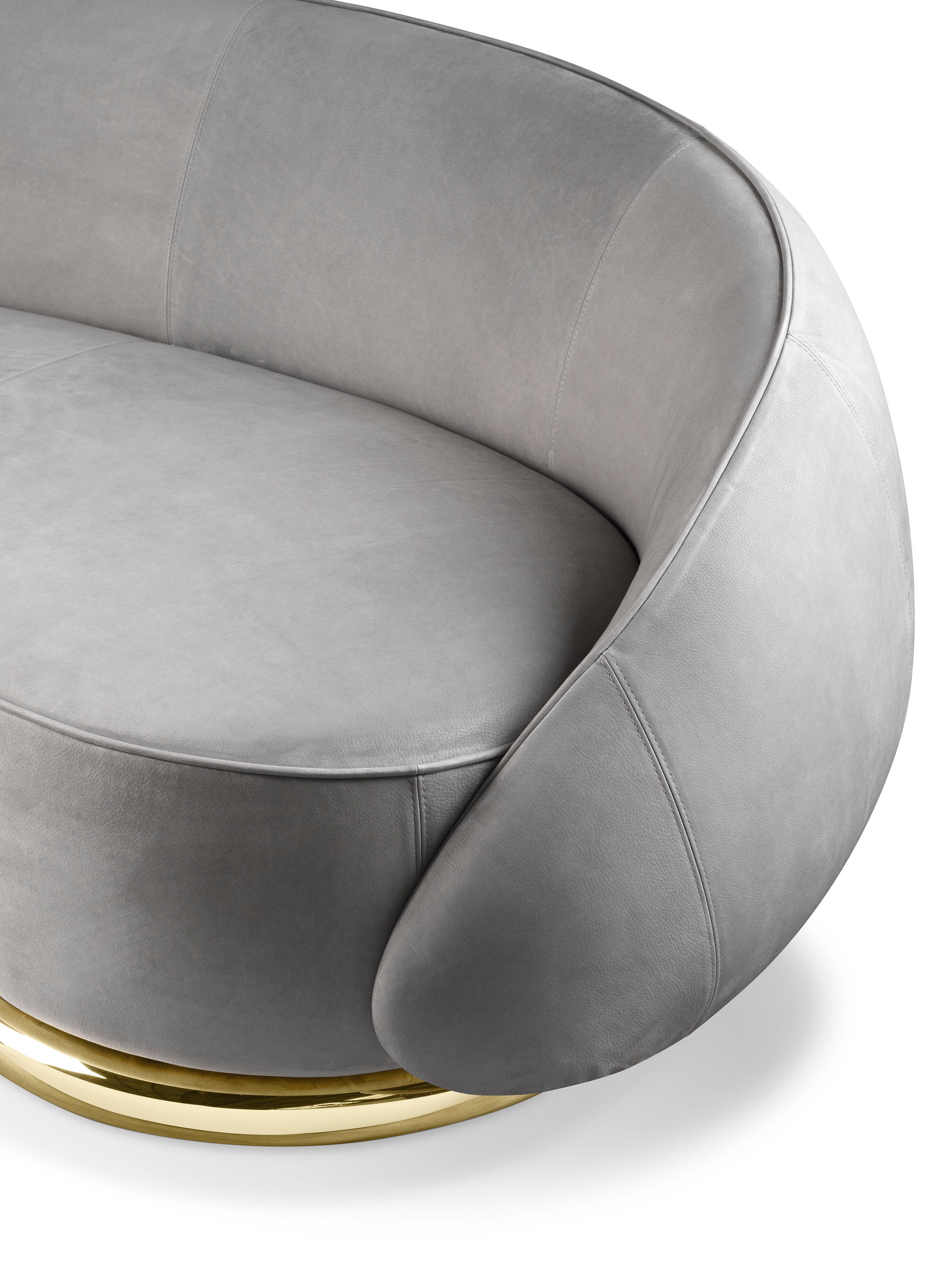 Ghidini 1961 Abbracci 3-Seat Sofa in Grey Leather and Brass Base by L. Bozzoli In New Condition For Sale In Villa Carcina, IT