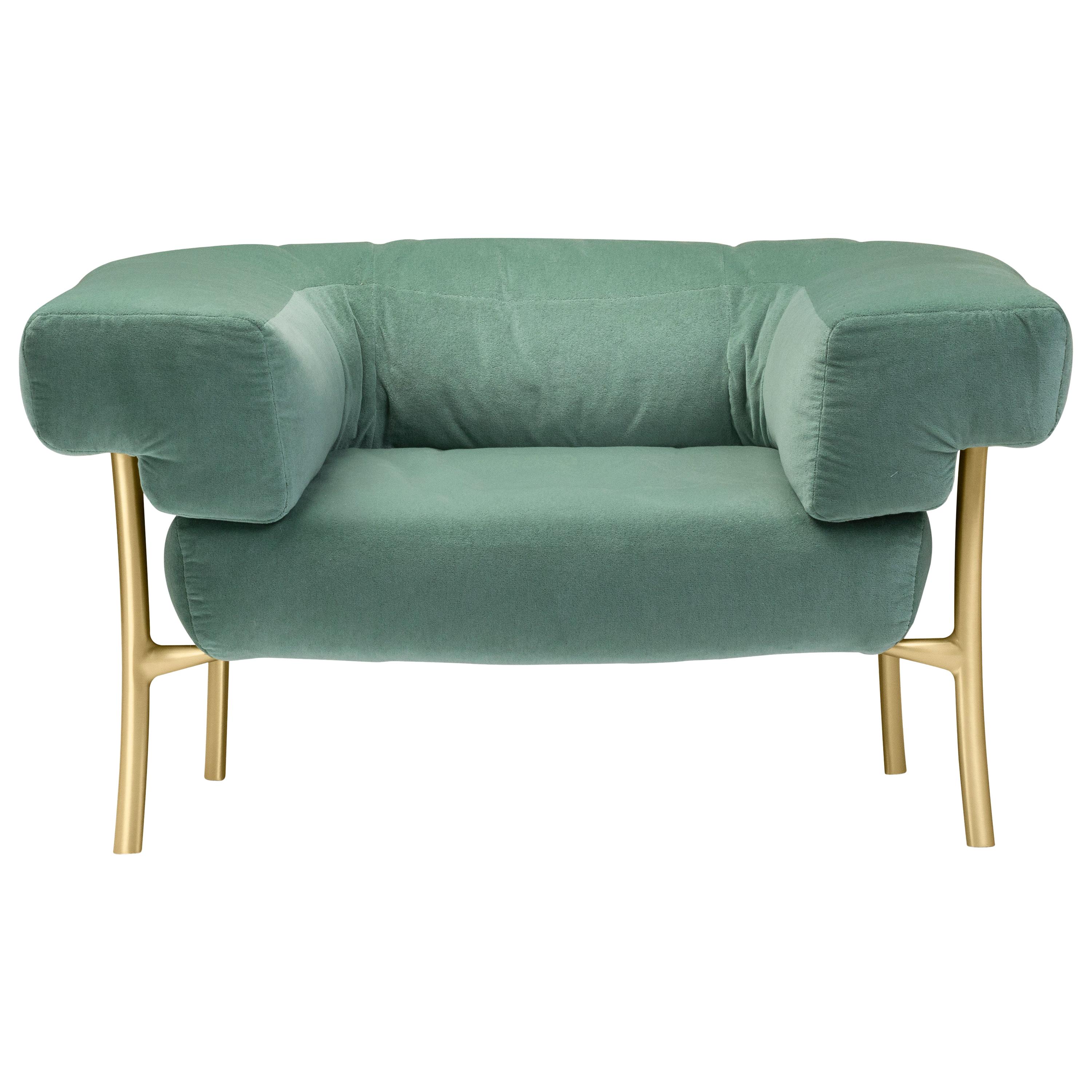 For Sale: Green (f-1241-c0931) Ghidini 1961 Katana Lounge Chair in Fabric and Satin Brass by Paolo Rizzatto