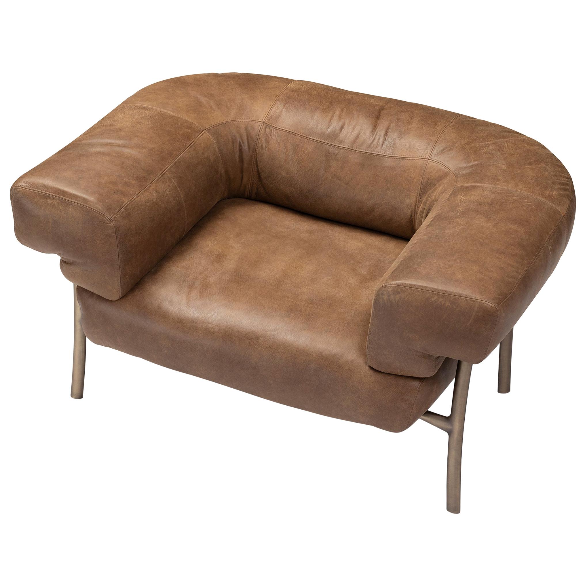 For Sale: Brown (610) Ghidini 1961 Katana Lounge Chair in Leather and Burnished Brass, Paolo Rizzatto