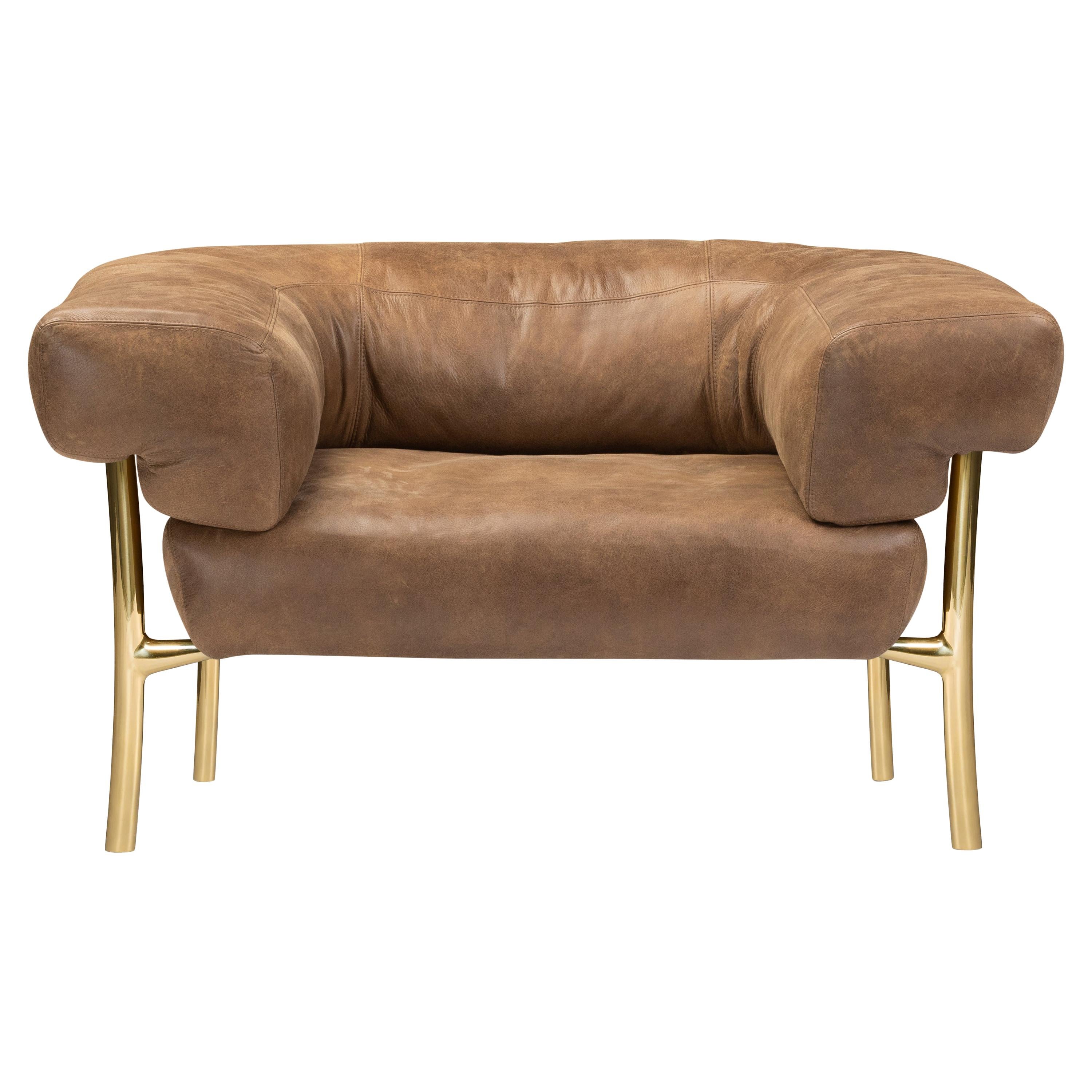 For Sale: Brown (610) Ghidini 1961 Katana Lounge Chair in Leather & Polished Brass by Paolo Rizzatto