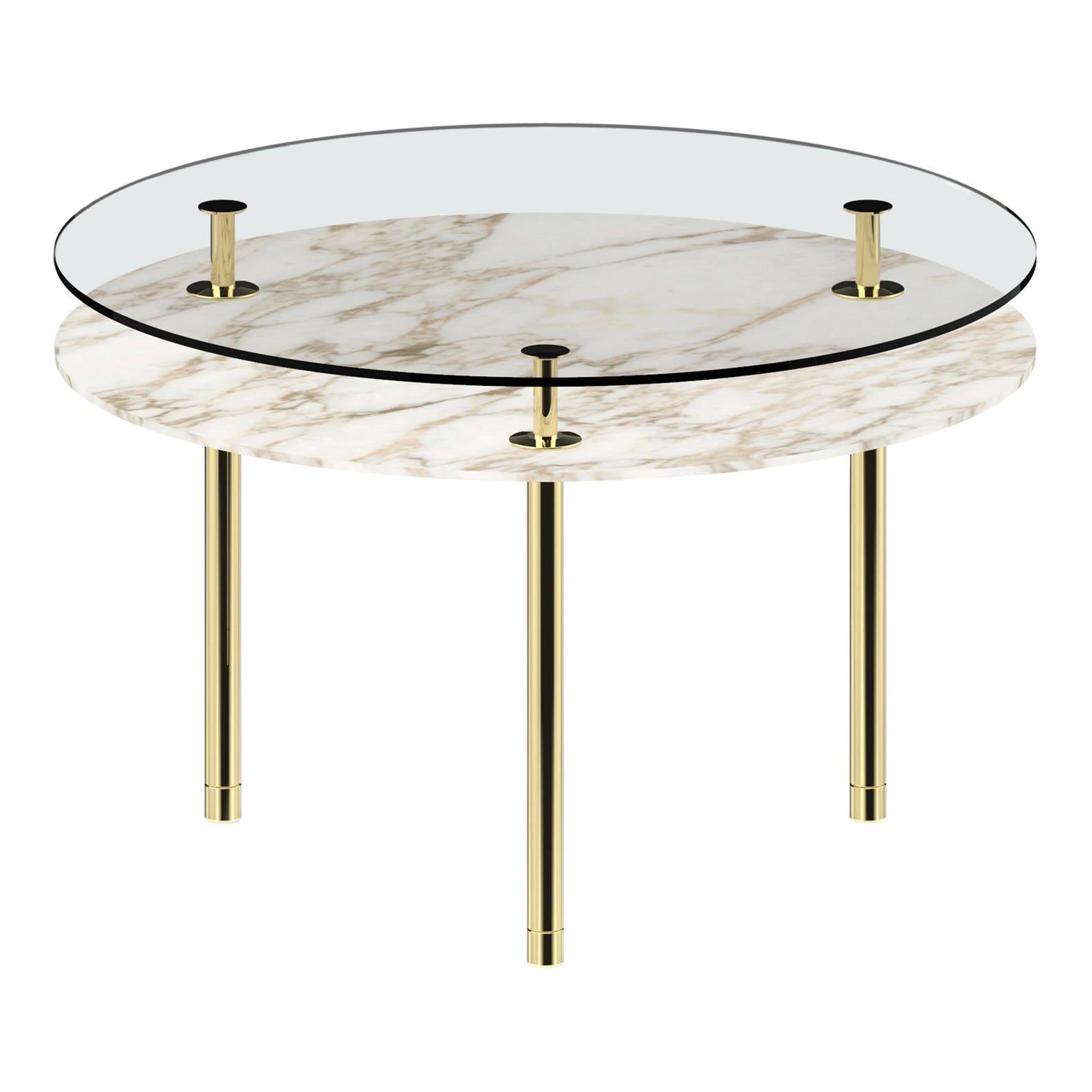 Gold (Polished Brass) Ghidini 1961 Legs Round Dining Table with Calacatta Gold Marble Top