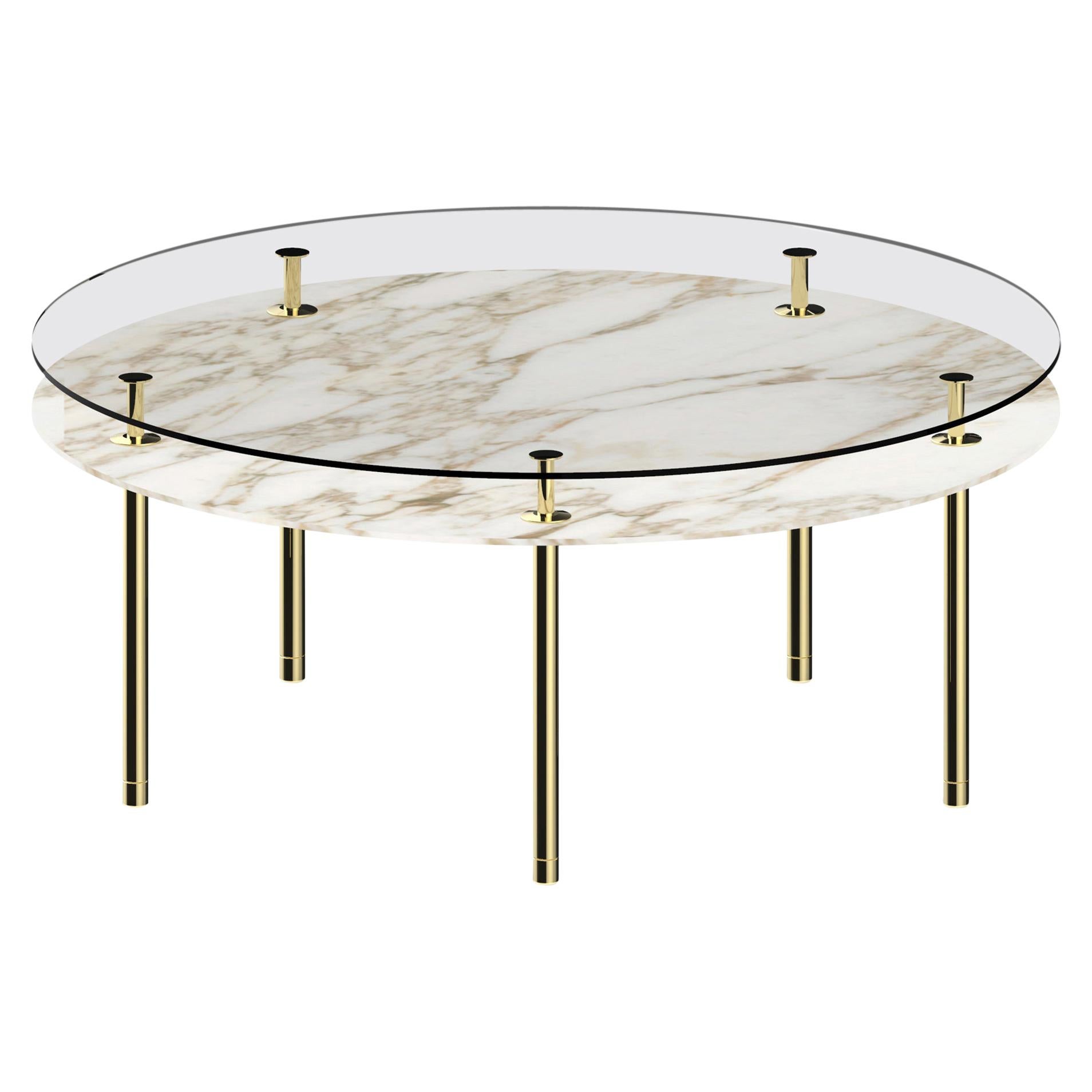 Gold (Polished Brass) Ghidini 1961 Legs Round Dining Table with Calacatta Gold Marble Top