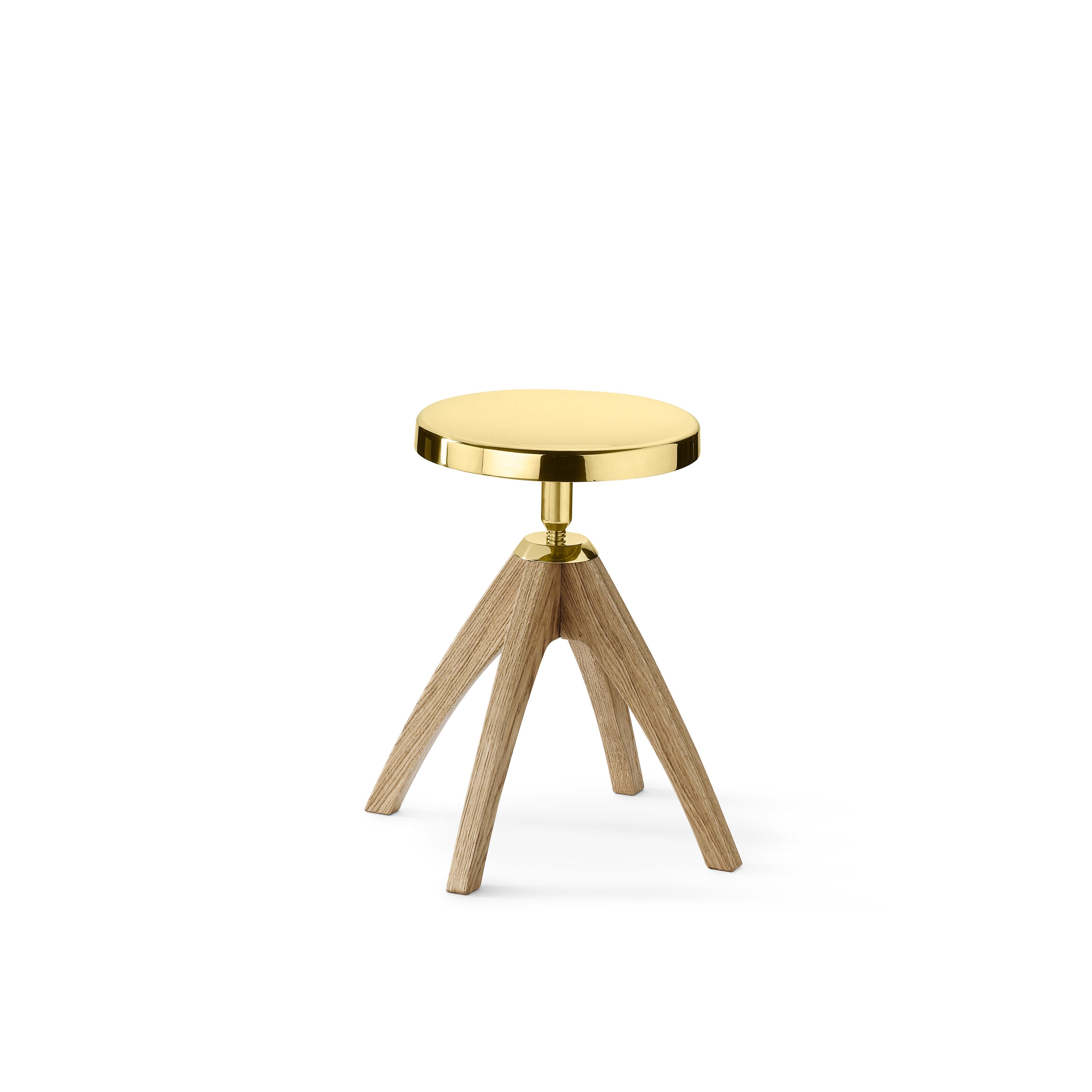 Stool in brass and light durmast
The height-adjustable stool, subject of which you can appreciate the adaptability with a gesture, in different contexts and users, becomes a precious object, with light or dark oak legs slightly bent and round seat
