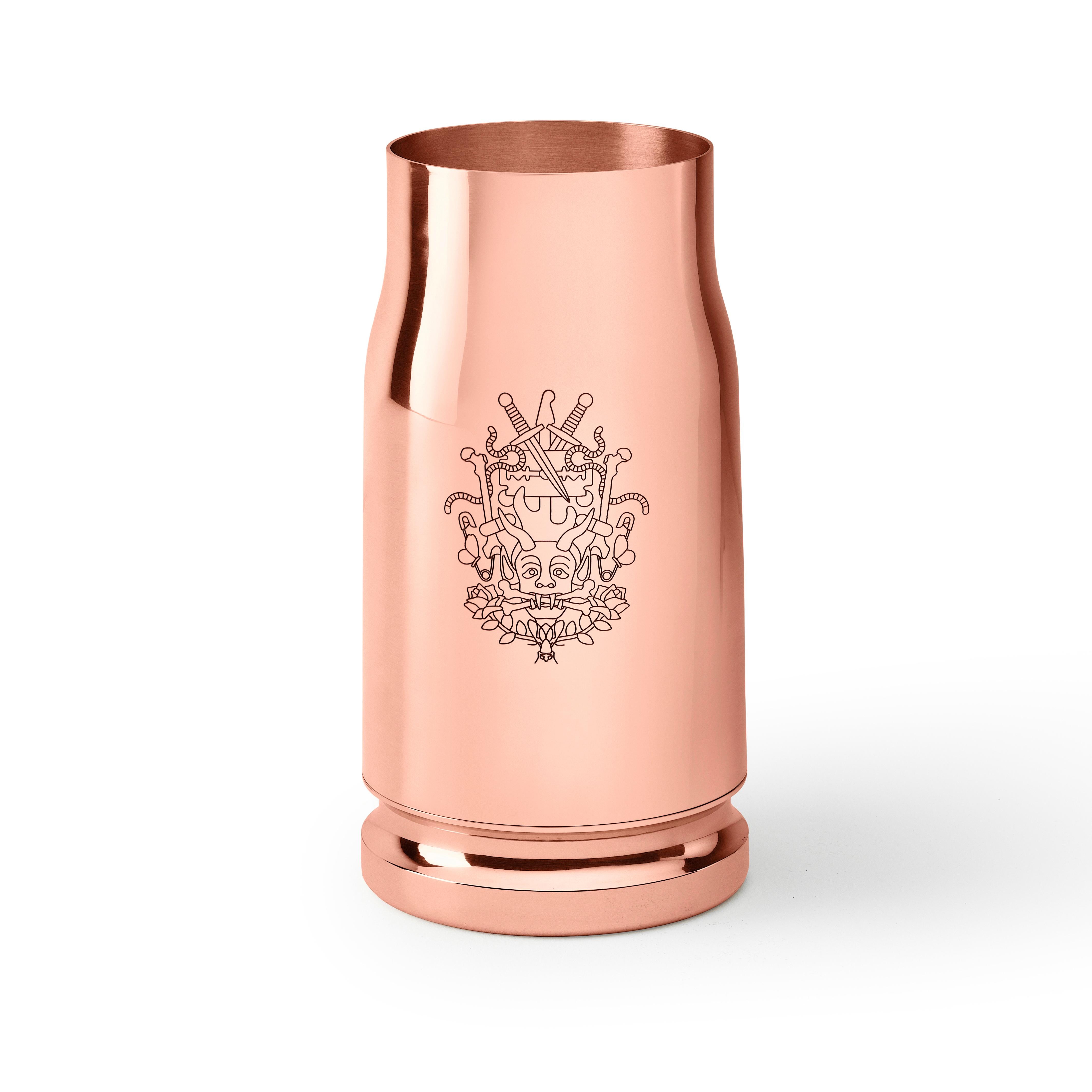 Based on a tale of two wild girls traveling across the US, the Nowhere bullet vase feature iconic Studio Job engravings and a typical oversized form giving a unique look to this piece.

Materials:
Copper-plated brass.