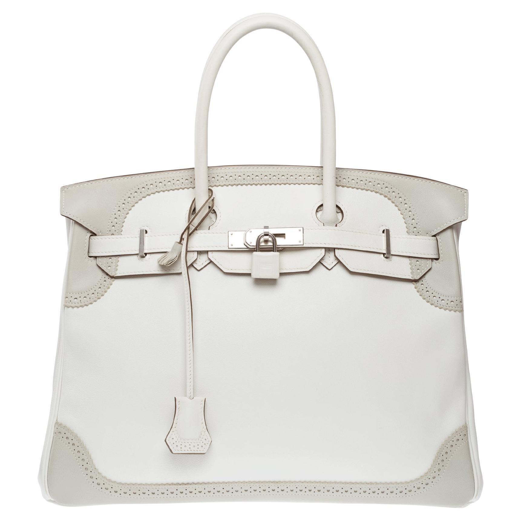 "Ghillies" Hermes Birkin 35 in White and Pearl Grey Swift leather, PHW For Sale