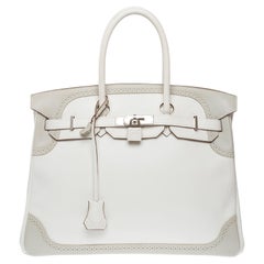 "Ghillies" Hermes Birkin 35 en cuir Swift blanc et gris perle, PHW