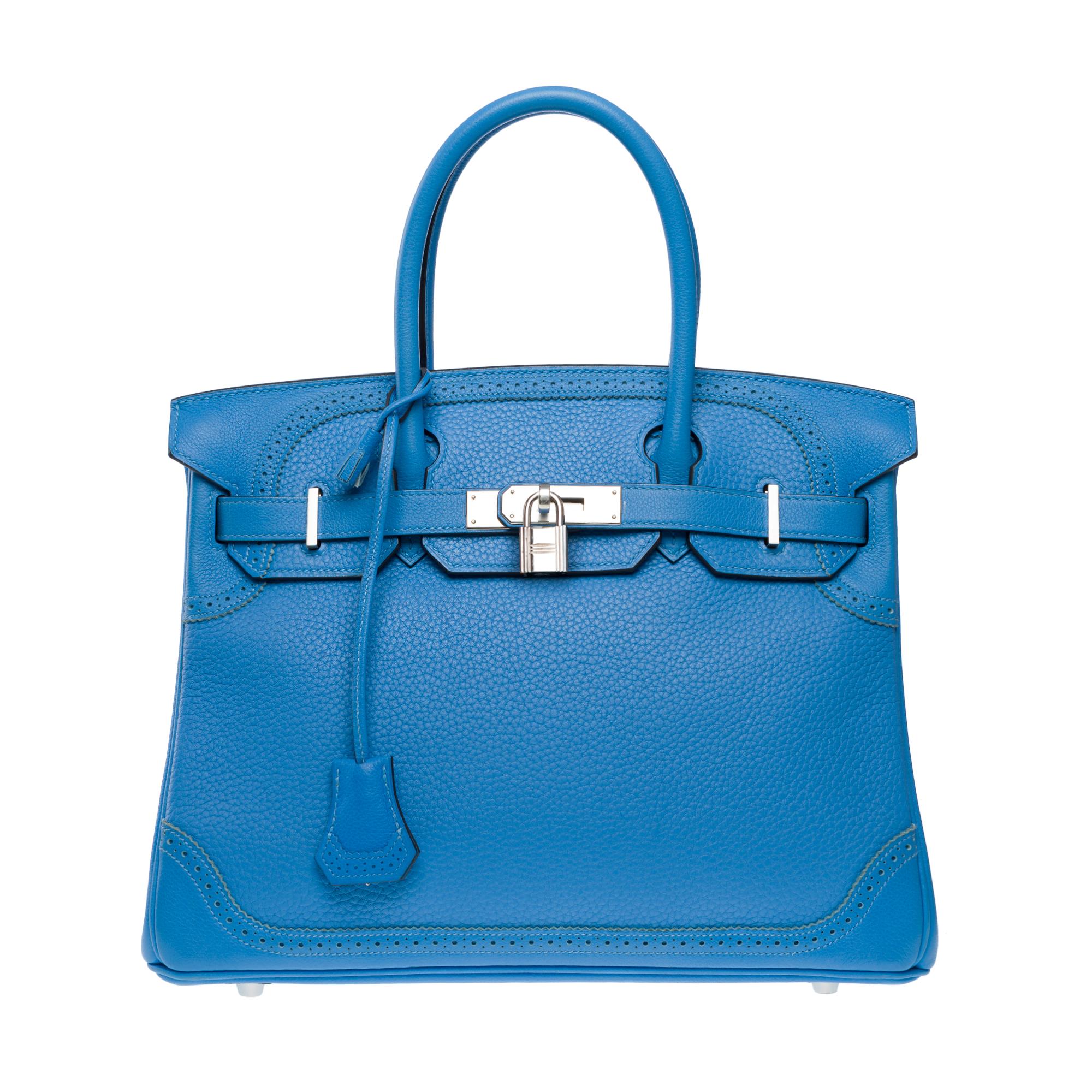 Orange Ghillies Limited Edition Hermes Birkin 30 handbag in Paradis Blue leather, PHW For Sale
