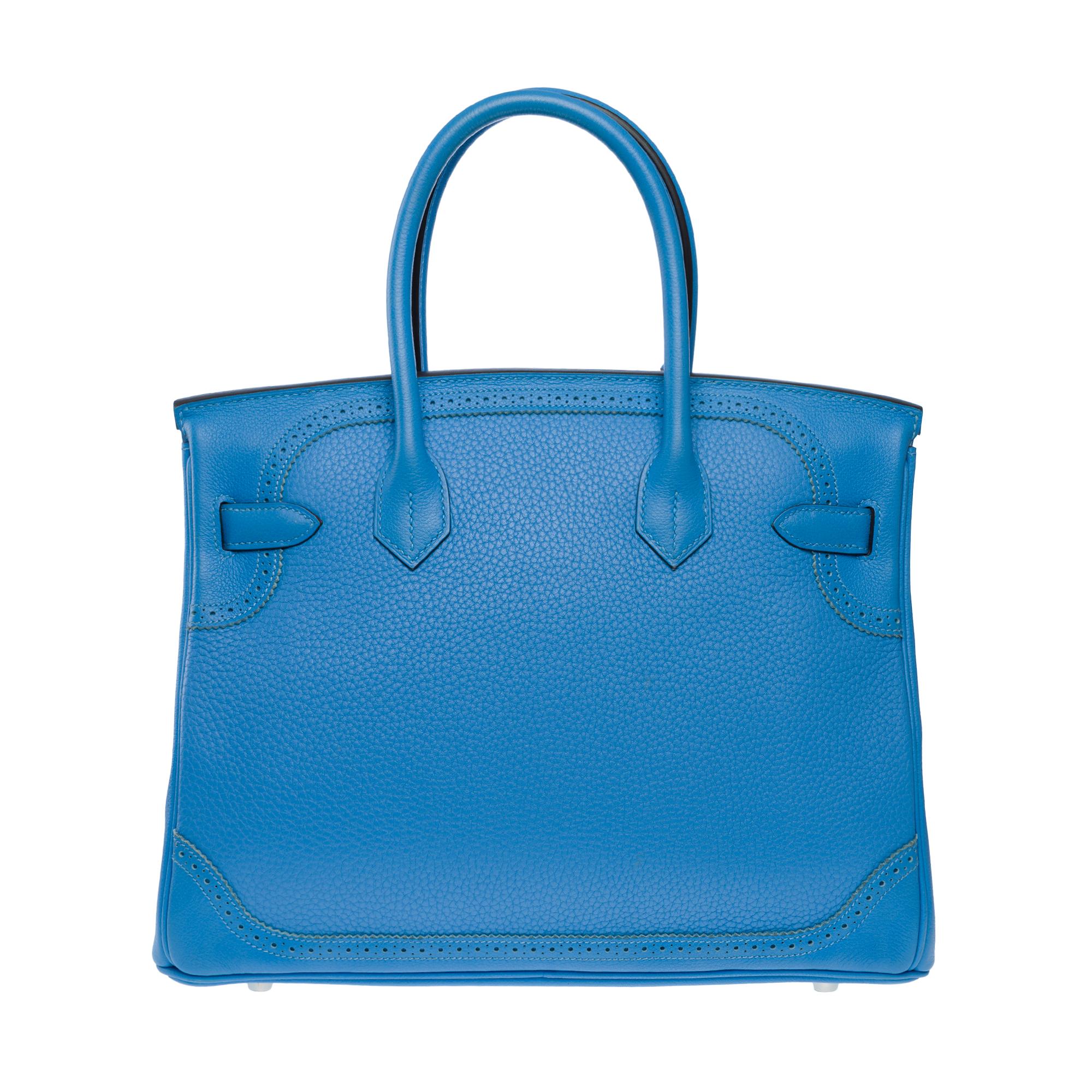 Ghillies Limited Edition Hermes Birkin 30 handbag in Paradis Blue leather, PHW In Excellent Condition For Sale In Paris, IDF