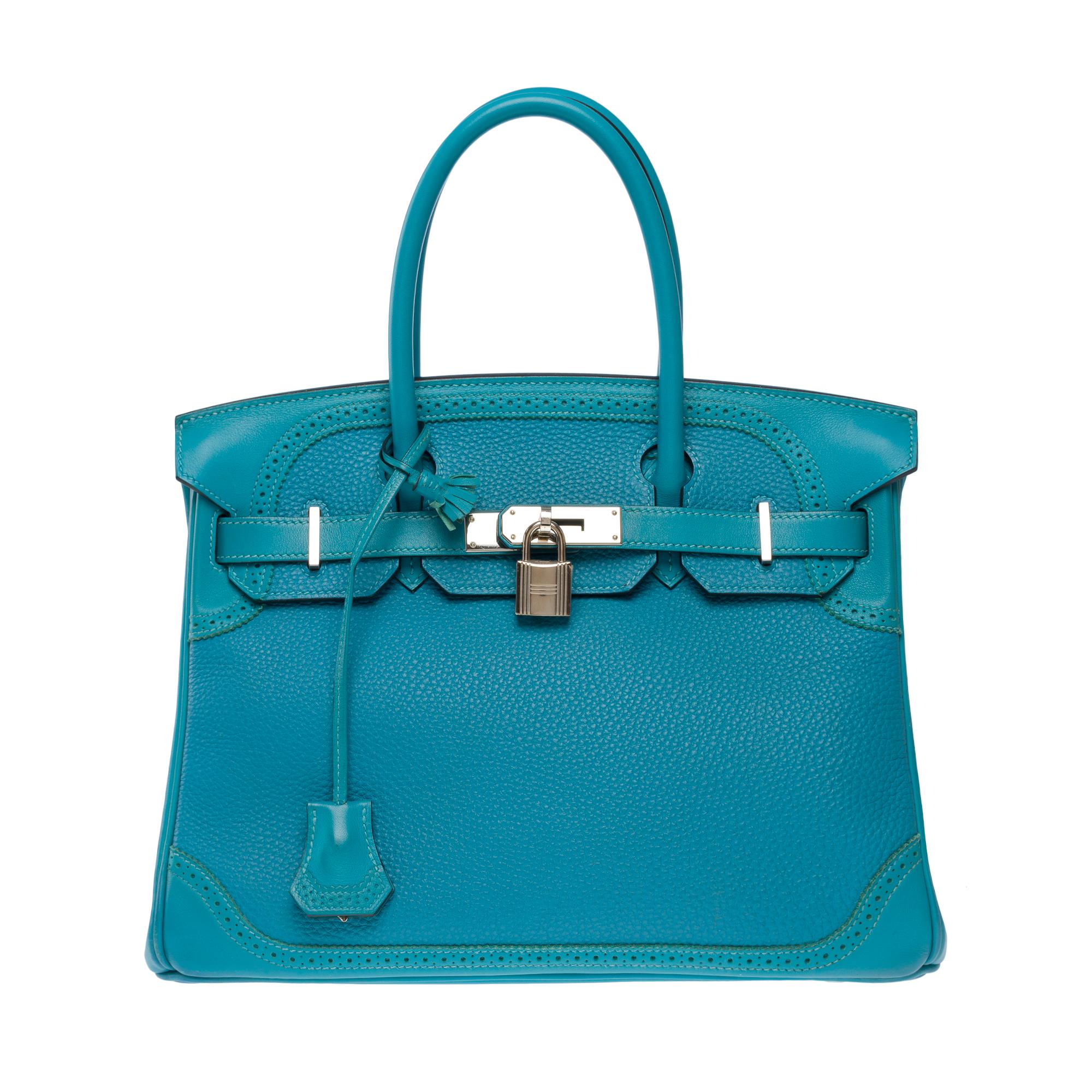 Ghillies Limited Edition Hermes Birkin 30 handbag in Turquoise Blue leather, SHW In Excellent Condition For Sale In Paris, IDF