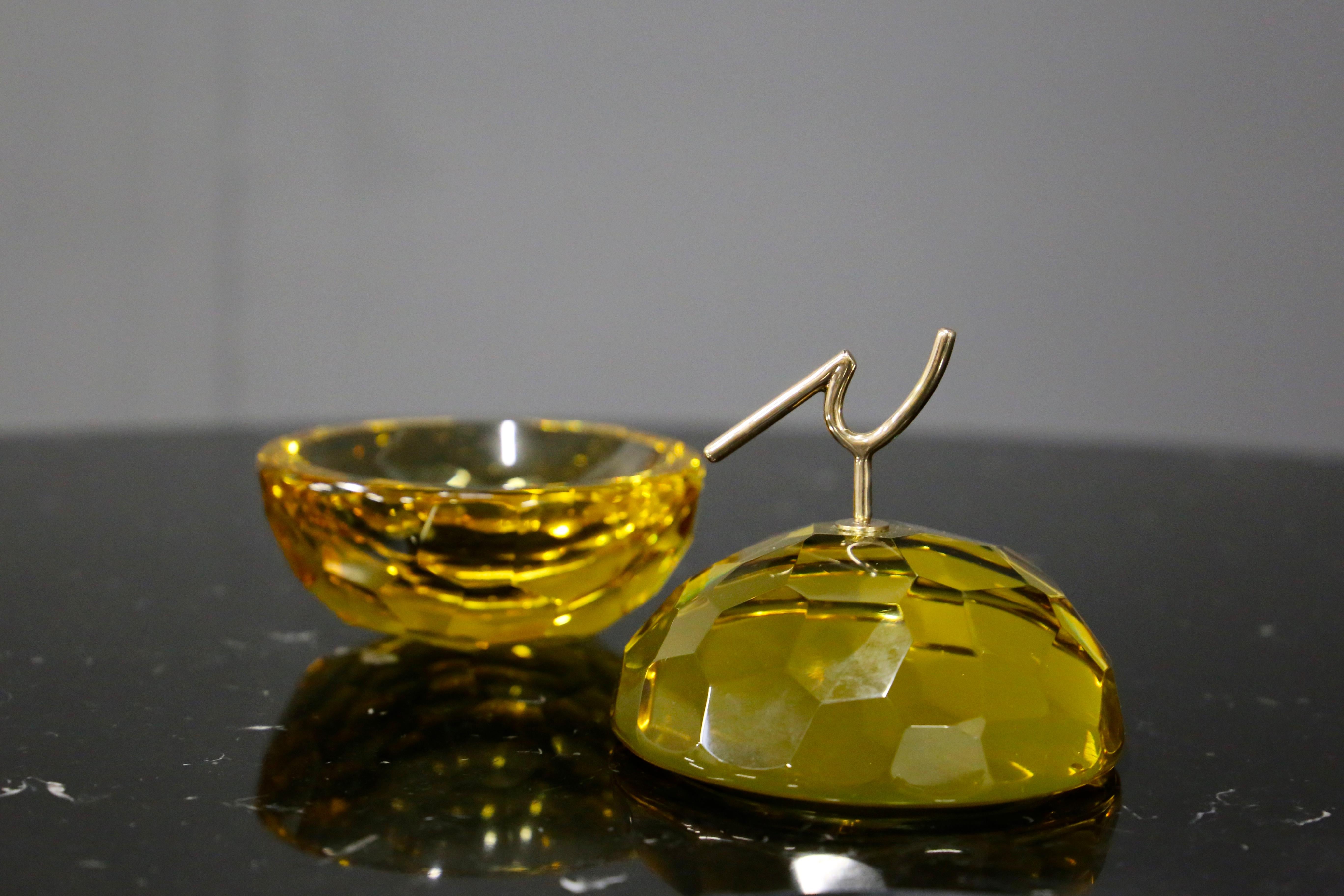Post-Modern Ghirò Studio Jewel Box in Brass and Glass Yellow, 2019
