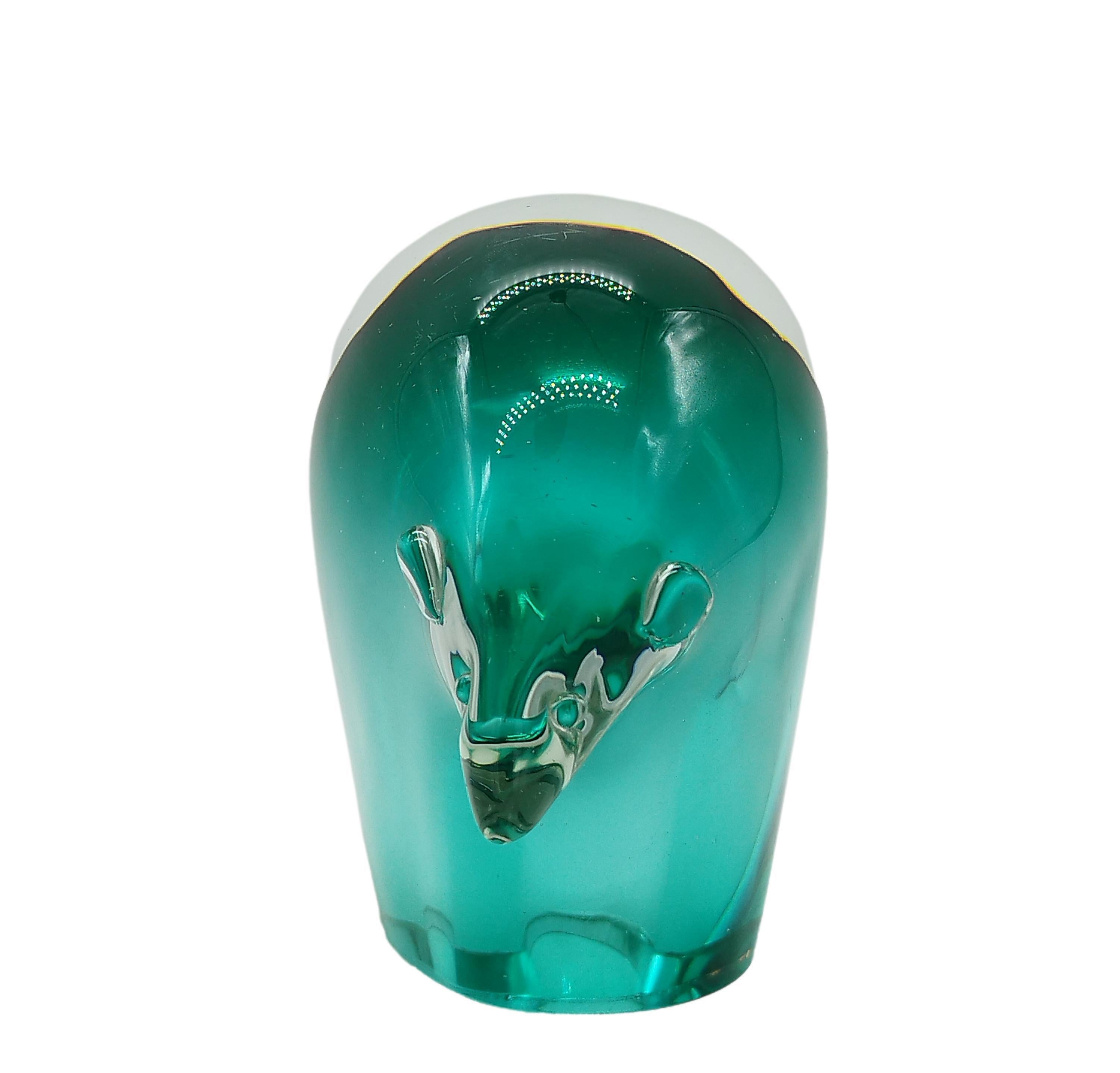 Polar bear figure in Murano submerged glass aquamarine green and transparent colors, on the base is engraved the signature of the author Gianpaolo Ghisetti. Italy 1970