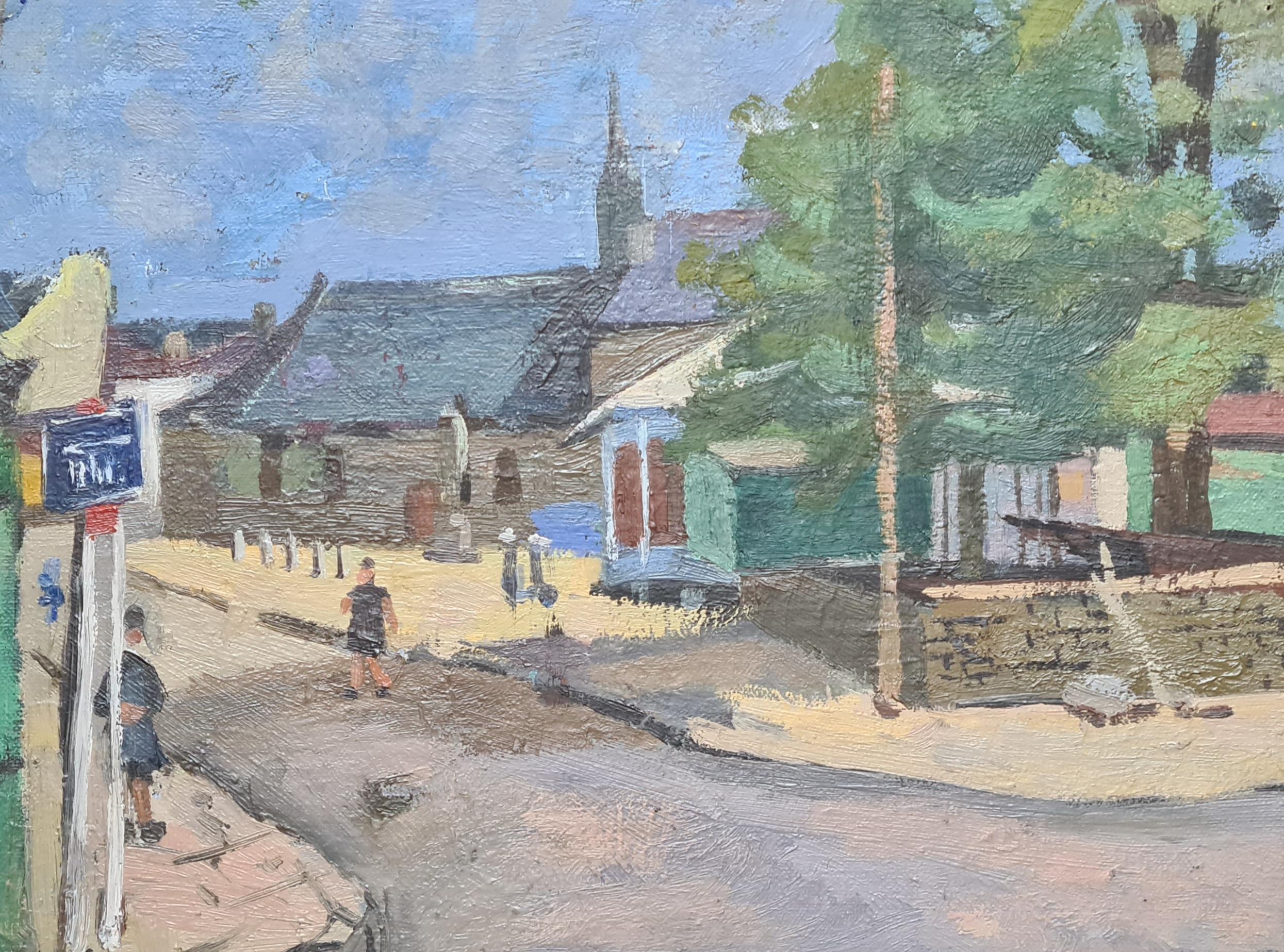 « Le village français ». Huile sur panneau, paysage de village du milieu du siècle. - Painting de Ghislaine de Fiquelmont