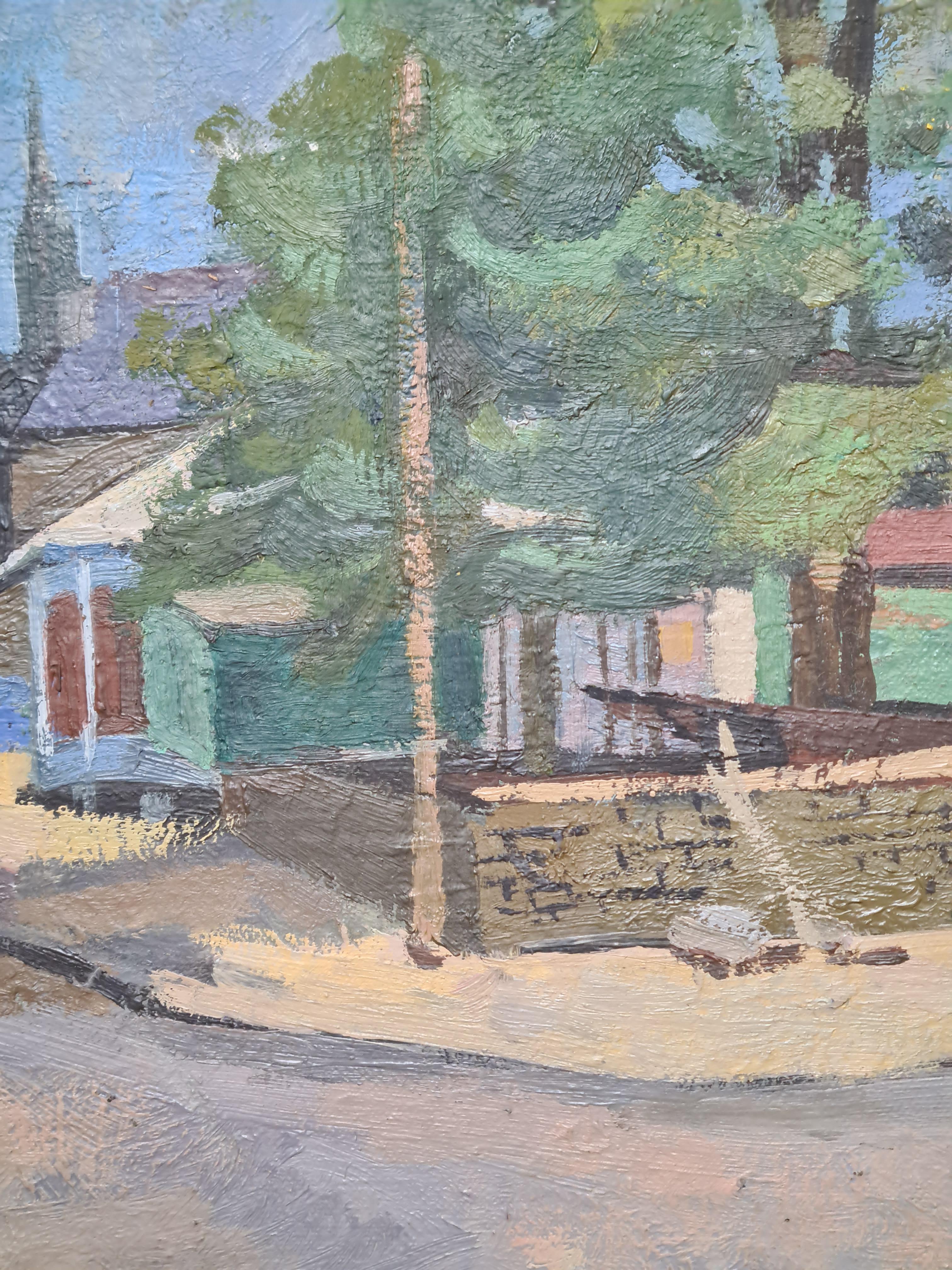 The French Village, Mid Century Villagescape - Impressionist Painting by Ghislaine de Fiquelmont