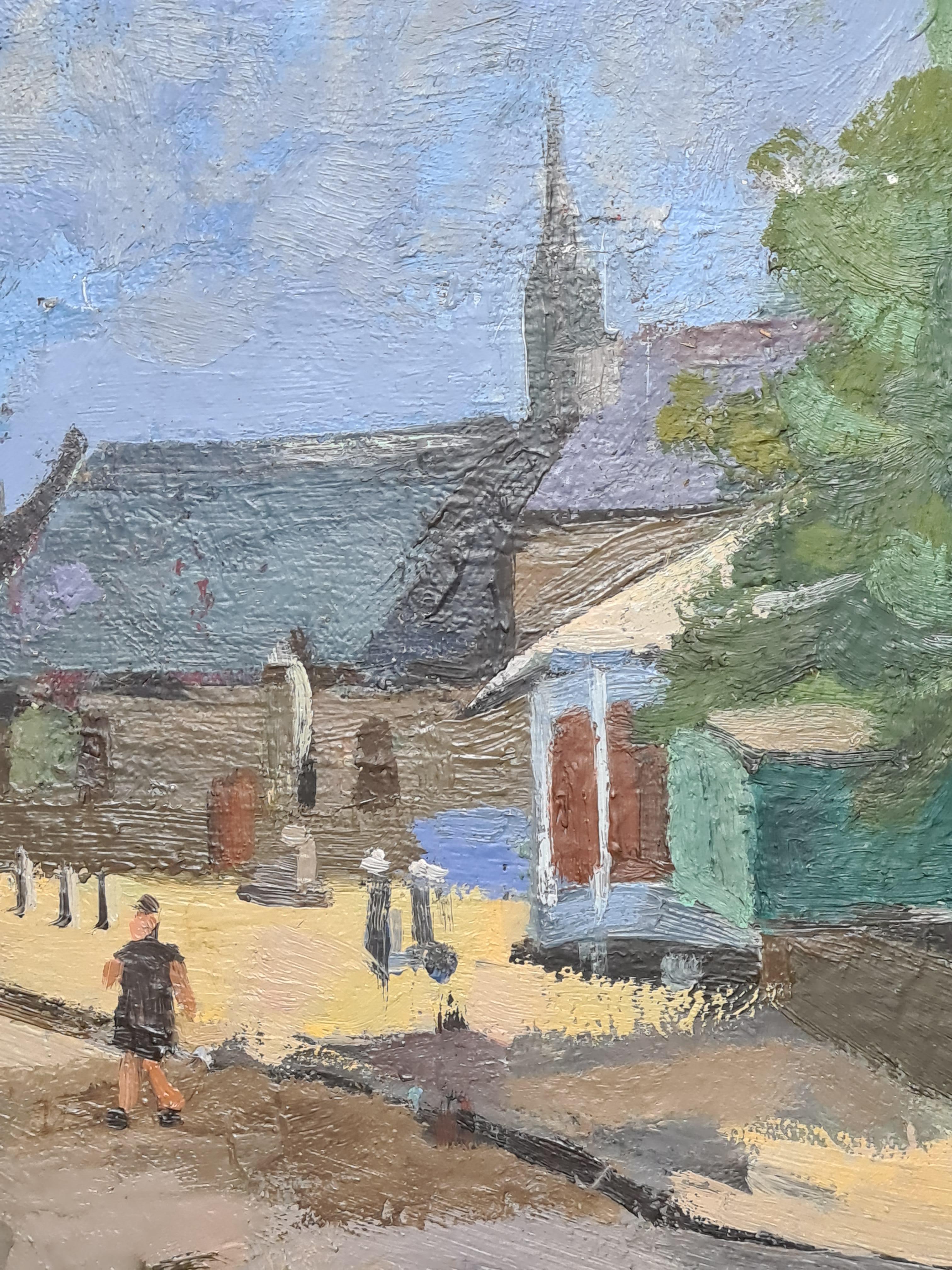 The French Village, Mid Century Villagescape - Brown Landscape Painting by Ghislaine de Fiquelmont