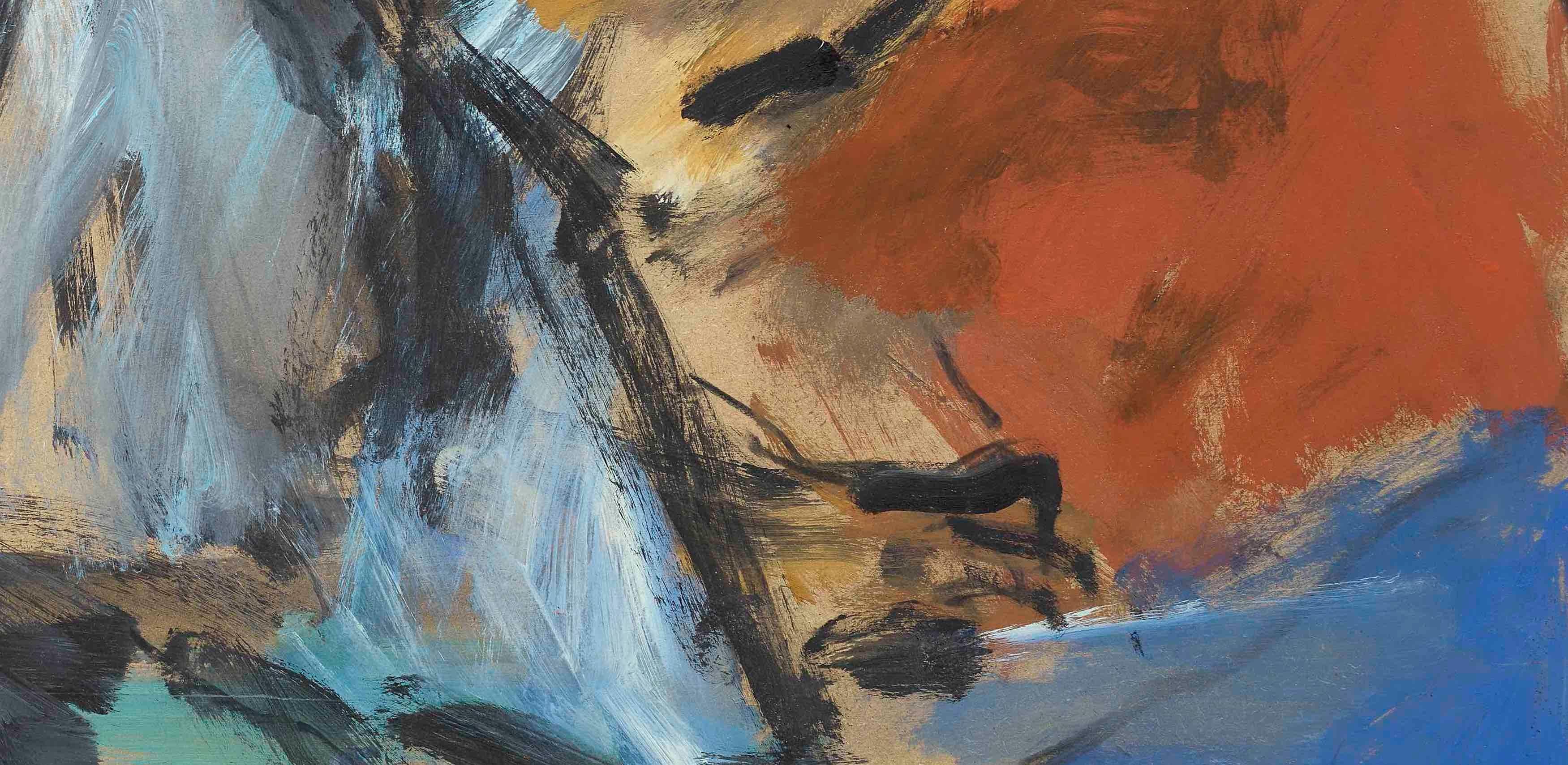 'Siesta pomeridiana' Quadro astratto contemporaneo di donna che dorme. Rosso e blu - Abstract Painting Grigio di Ghislaine Howard