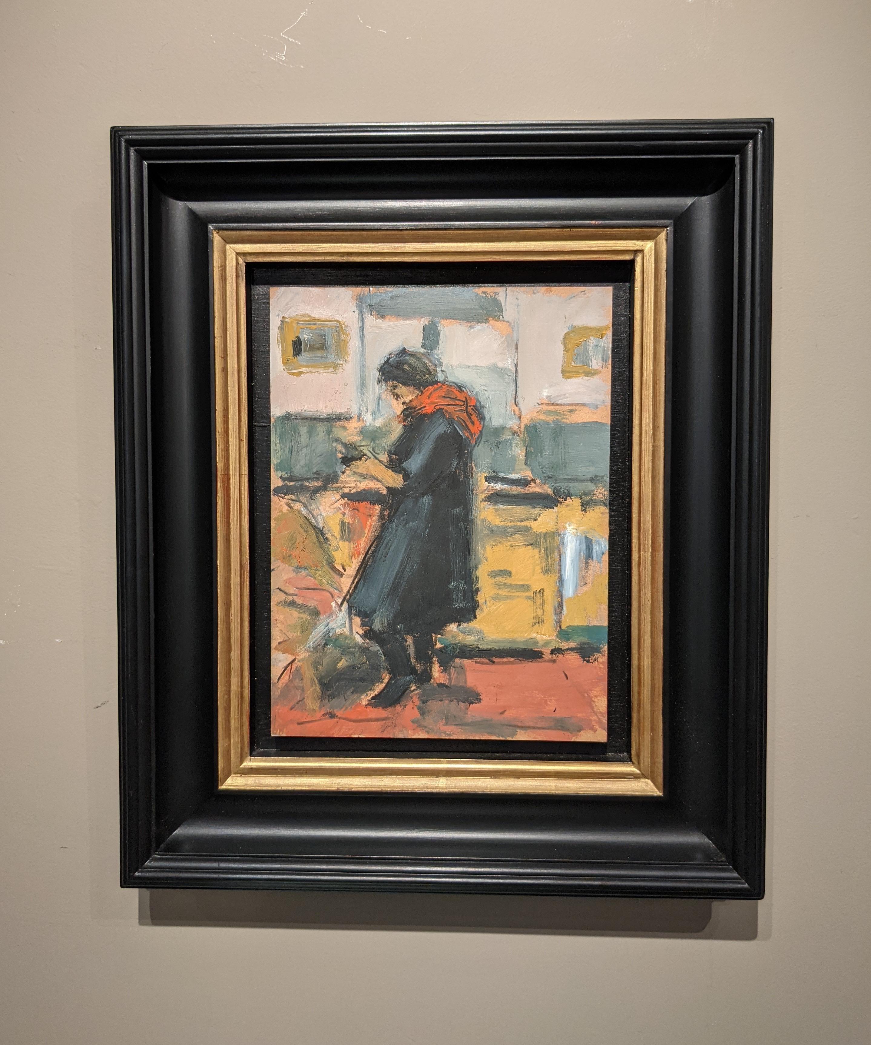 'Cordelia' Pintura figurativa de interior de una mujer en un cálido naranja, negro - Painting de Ghislaine Howard
