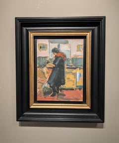 'Cordelia' Pintura figurativa de interior de una mujer en un cálido naranja, negro