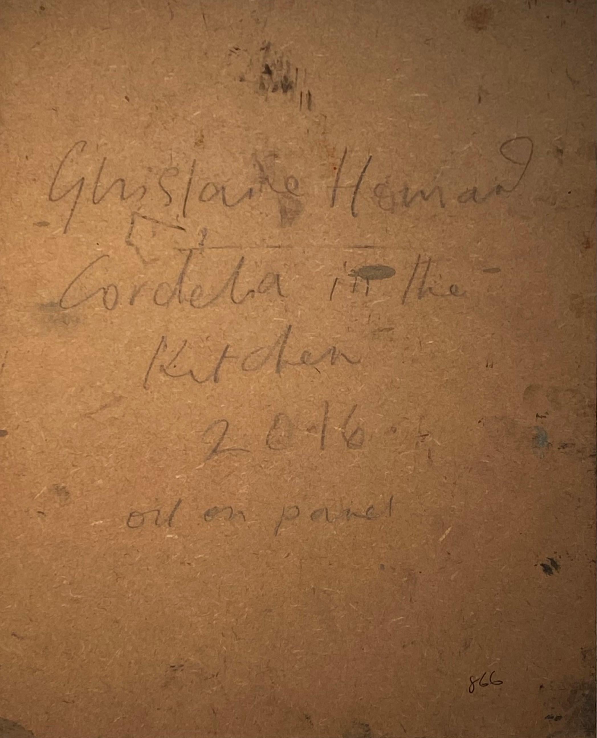 'Cordelia' Pintura figurativa de interior de una mujer en un cálido naranja, negro - Painting Contemporáneo de Ghislaine Howard