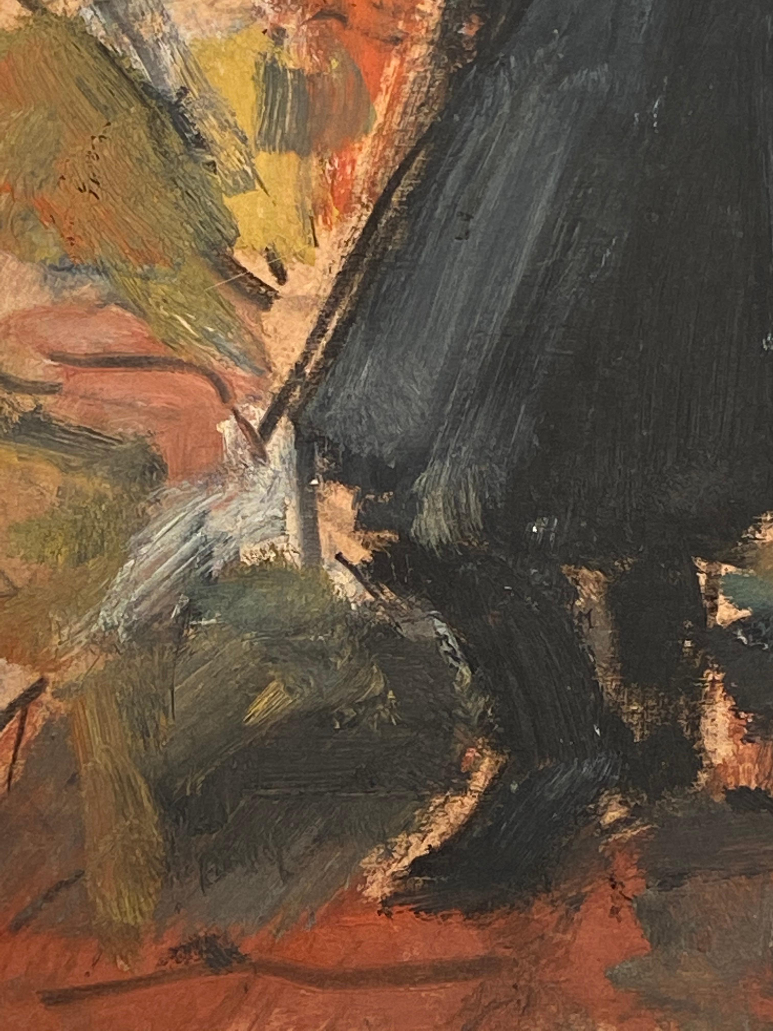 'Cordelia' Pintura figurativa de interior de una mujer en un cálido naranja, negro - Figurative Painting Marrón de Ghislaine Howard