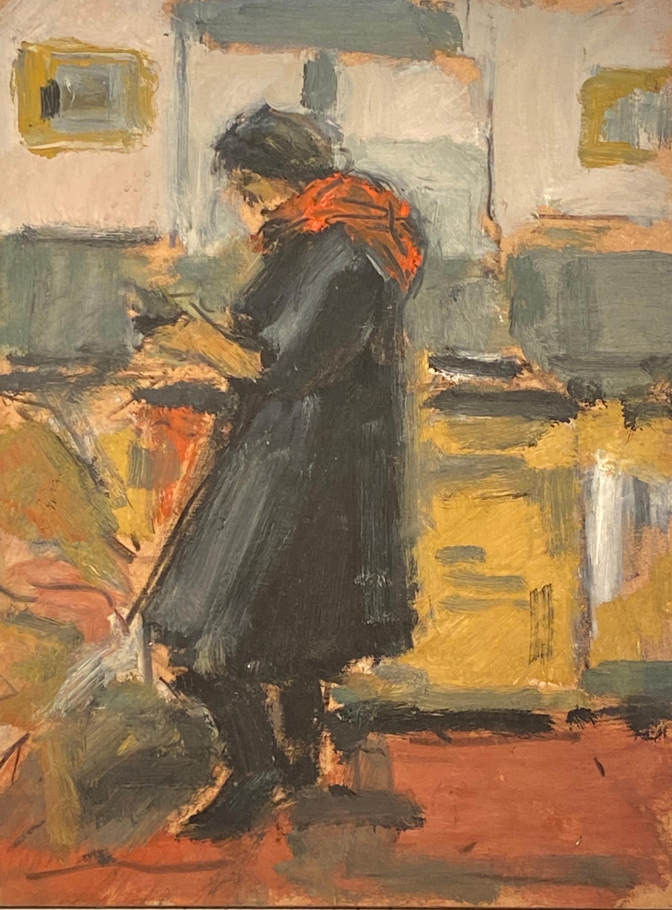 Figurative Painting de Ghislaine Howard - 'Cordelia' Pintura figurativa de interior de una mujer en un cálido naranja, negro