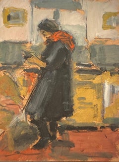 'Cordelia' Pintura figurativa de interior de una mujer en un cálido naranja, negro