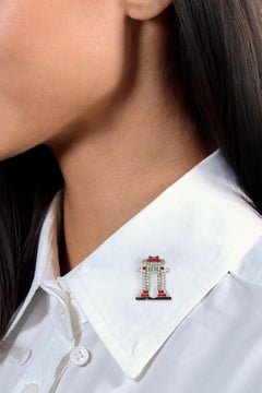 Ghiso Paris Art Deco Diamante Smeraldo Smalto Platino Pagoda Spilla Antica