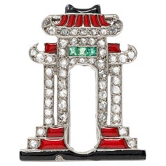 Ghiso Paris Art Deco Diamante Smeraldo Smalto Platino Pagoda Spilla Antica