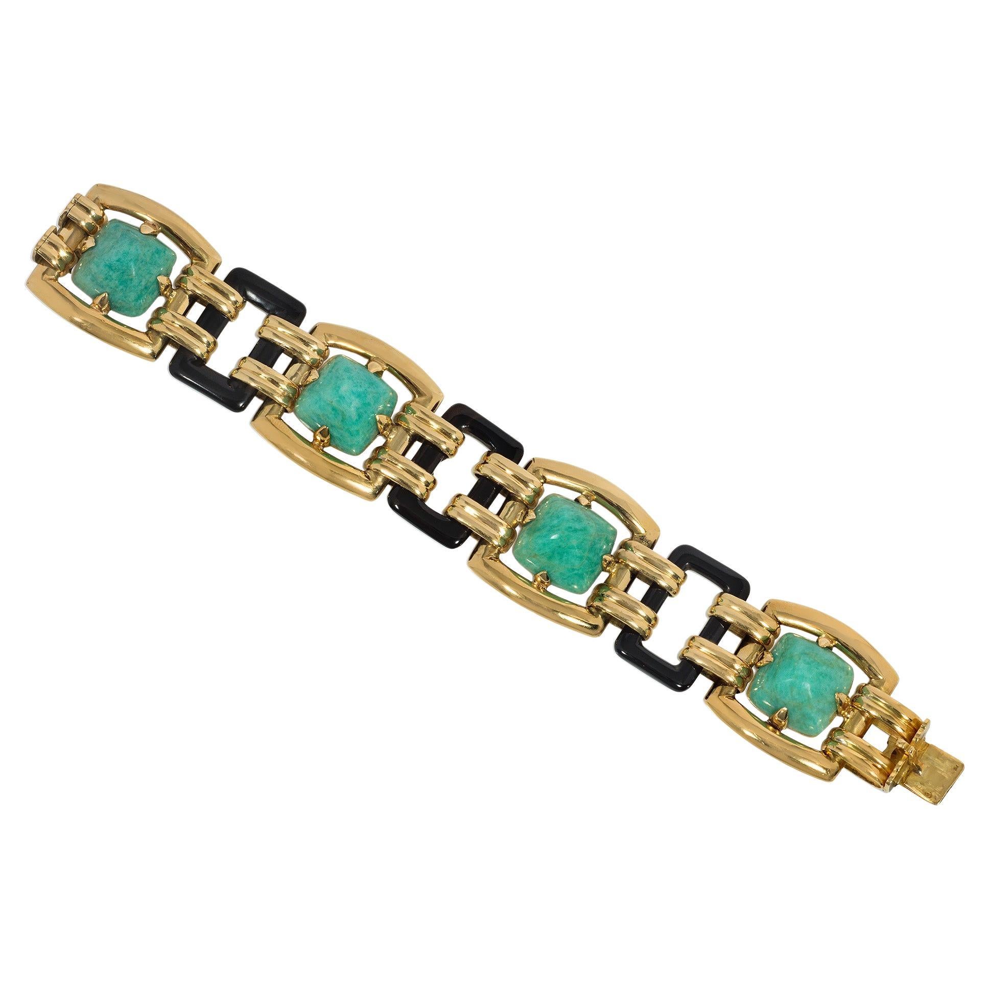 Ghiso, Paris Art Deco Gold, Sugarloaf Cabochon Amazonite, and Onyx Link Bracelet