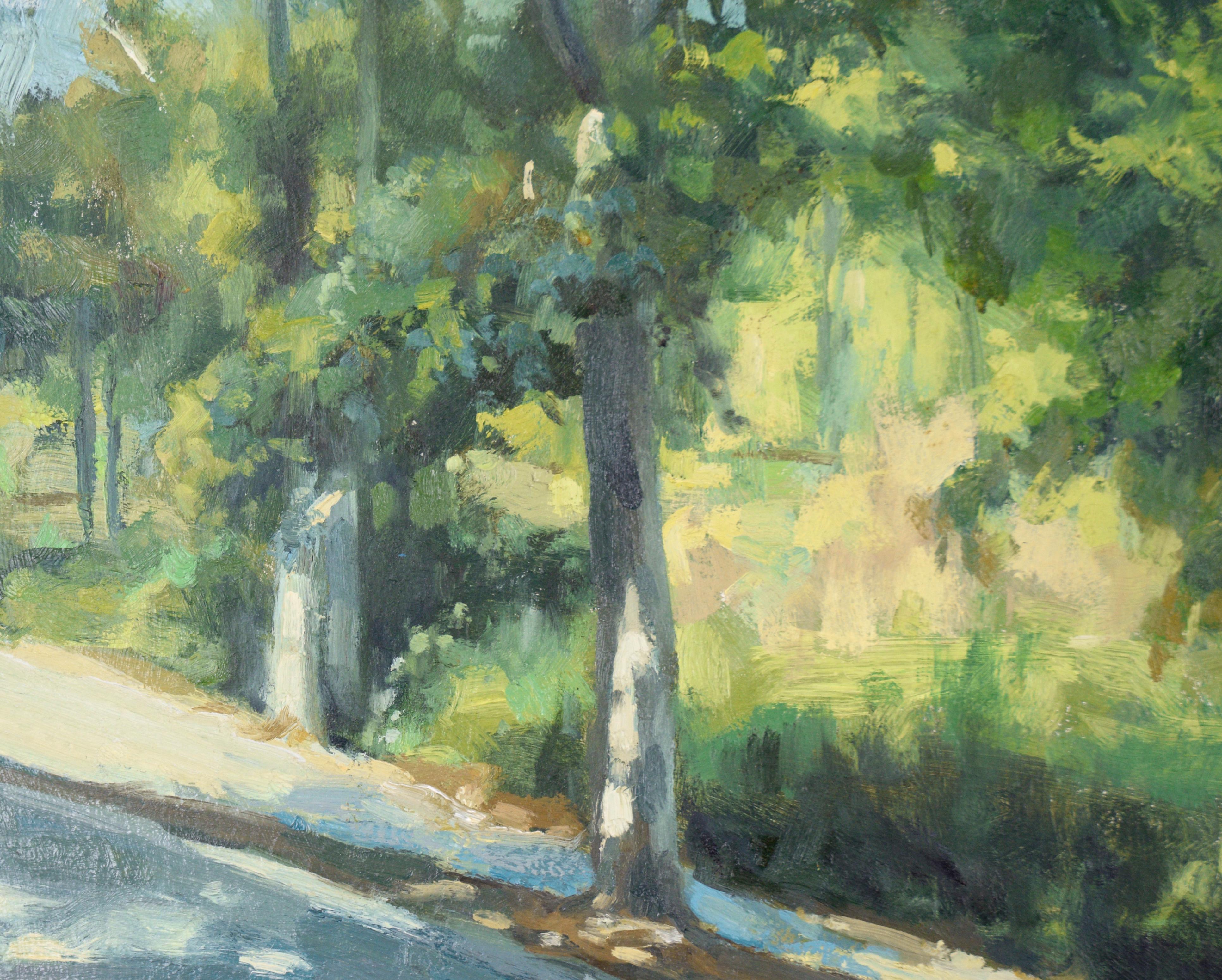 Le trottoir le long du parc - Paysage à l'huile sur toile - Gris Landscape Painting par Gholam Yunessi