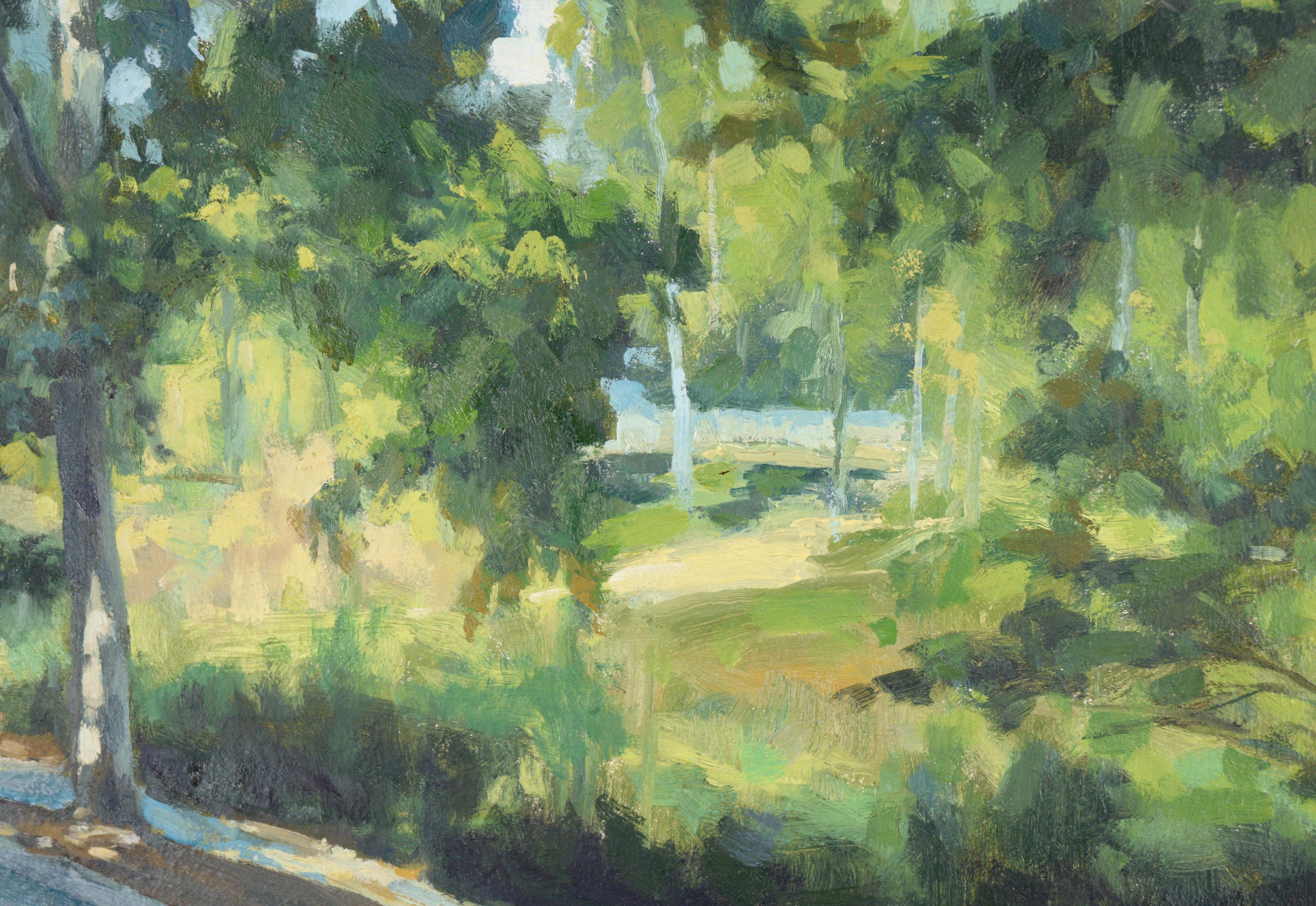 Sidewalk Along the Park - Landscape in Oil on Canvas - Gray Landscape Painting by Gholam Yunessi