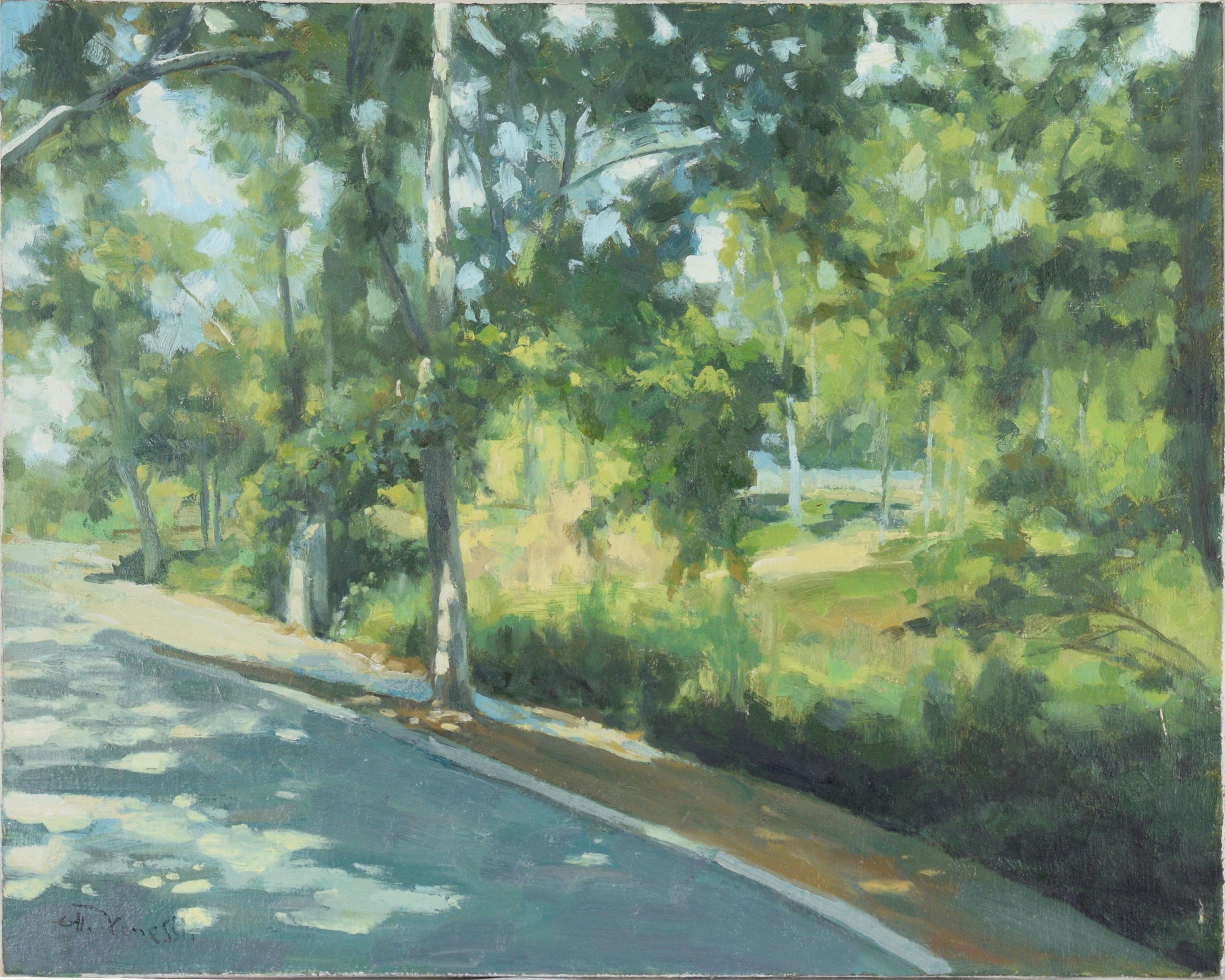 Gholam Yunessi Landscape Painting - Sidewalk Along the Park - Landscape in Oil on Canvas