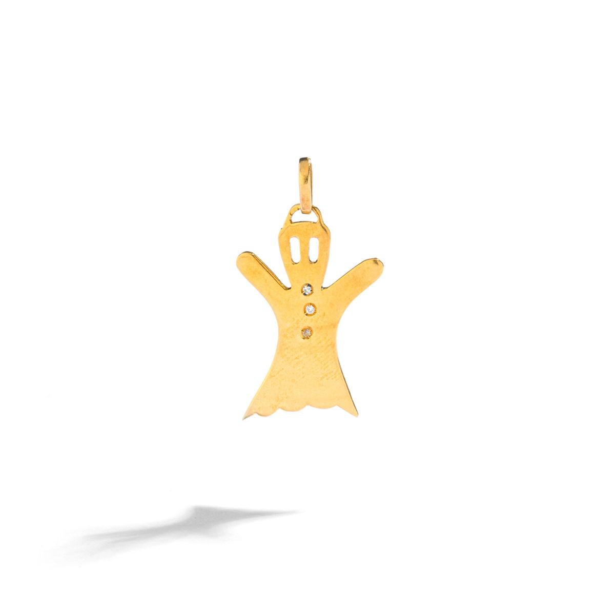 Ghost Yellow Gold 18k Pendant Charm.
Three small diamonds.
Circa 1990.

Total height: 1.34 inch (3.40 centimeters) including bail.
Total weight: 3.24 grams.