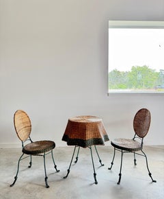 Ghost Draped Wicker Tromp L'Oeil Table + 2 Bistro Chairs, Bohemian Hand Woven