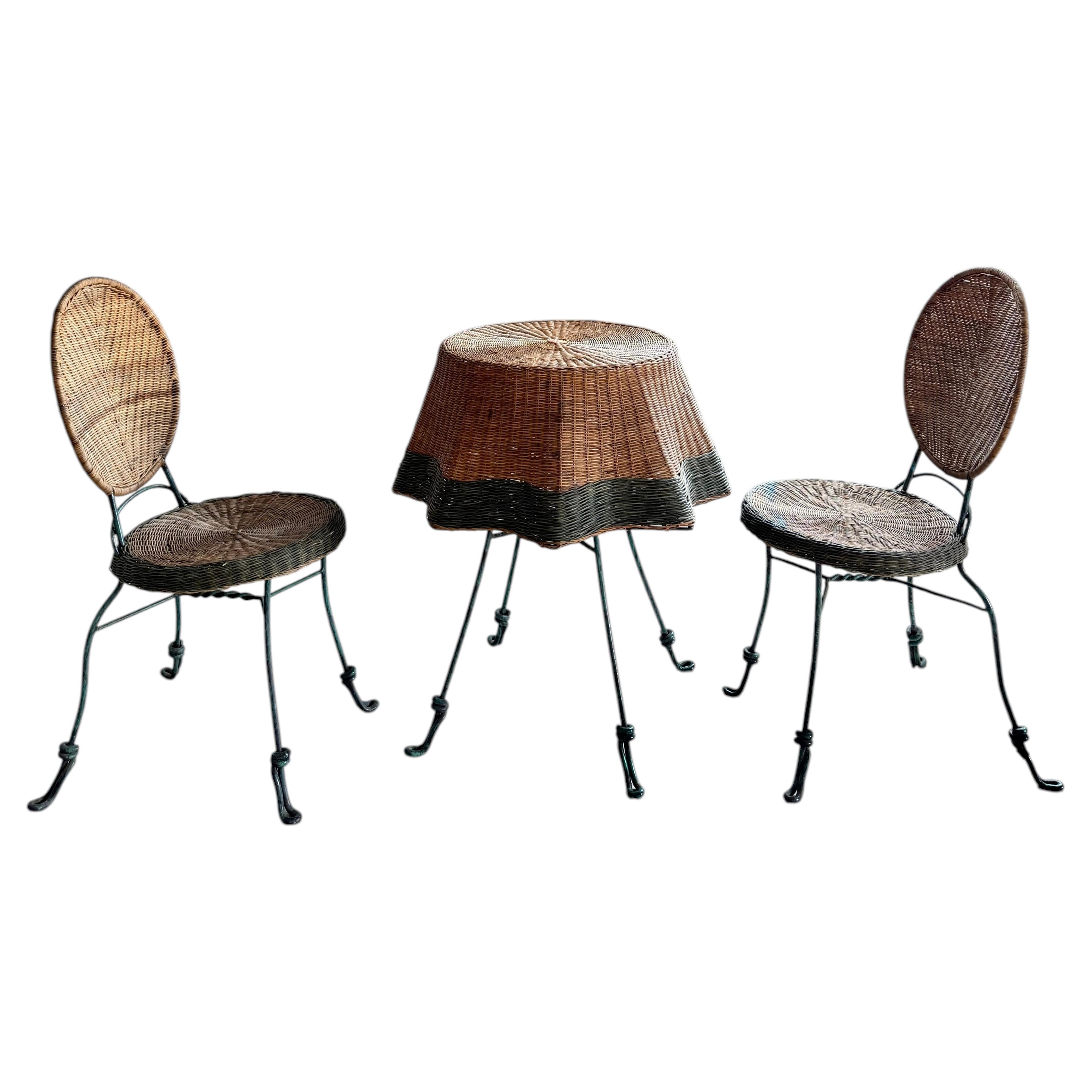 Ghost Draped Wicker Tromp L'Oeil Table + 2 Bistro Chairs, Bohemian Hand Woven For Sale
