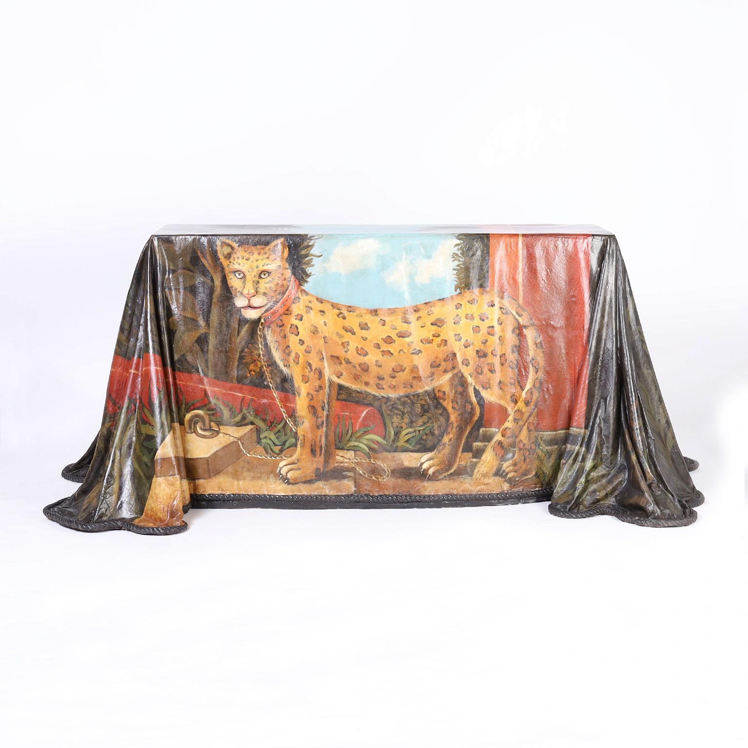 Mid century ghost drapery console table crafted in fiberglass and hand painted with a pet leopard in a tongue in cheek classical woodland setting, signed Baxter in a fold.