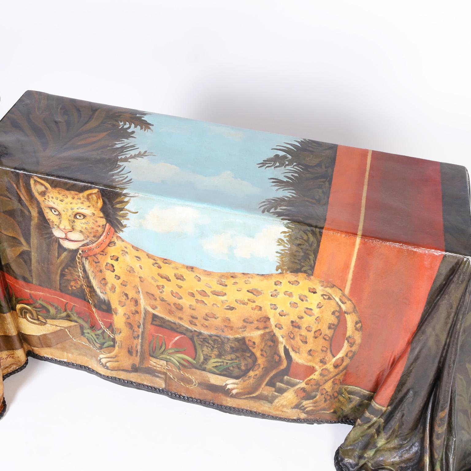 Mid-Century Modern Ghost Drapery Console with Painted Leopard For Sale
