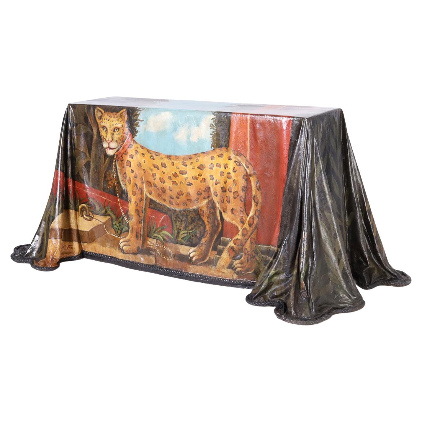 Ghost Drapery Console with Painted Leopard For Sale