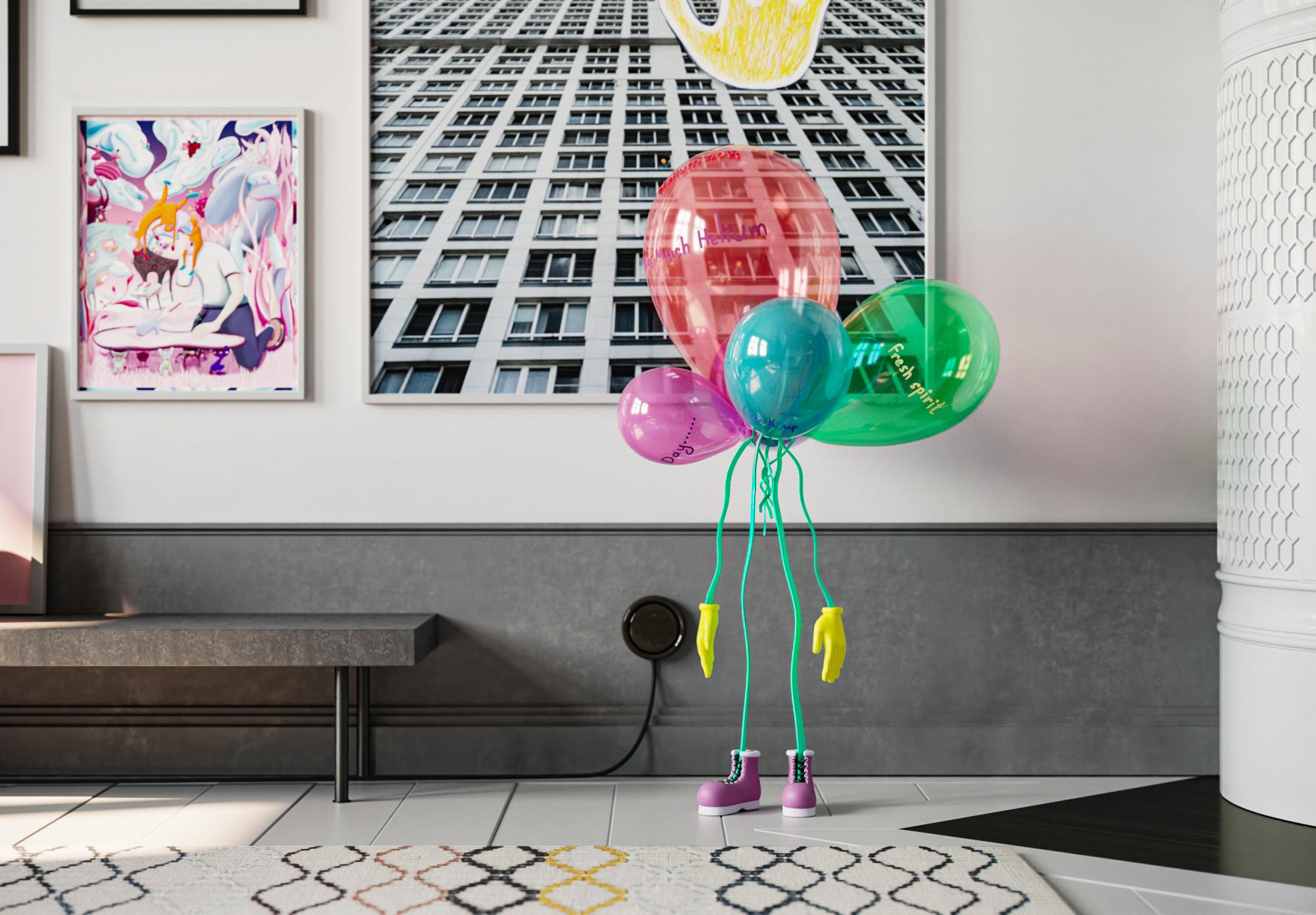 This artwork tells about unusual creatures that can turn our ordinary apartment into a mysterious and enigmatic place. It is about balloons filled with helium. When we just bring them home, they immediately rush as high as possible to the ceiling.