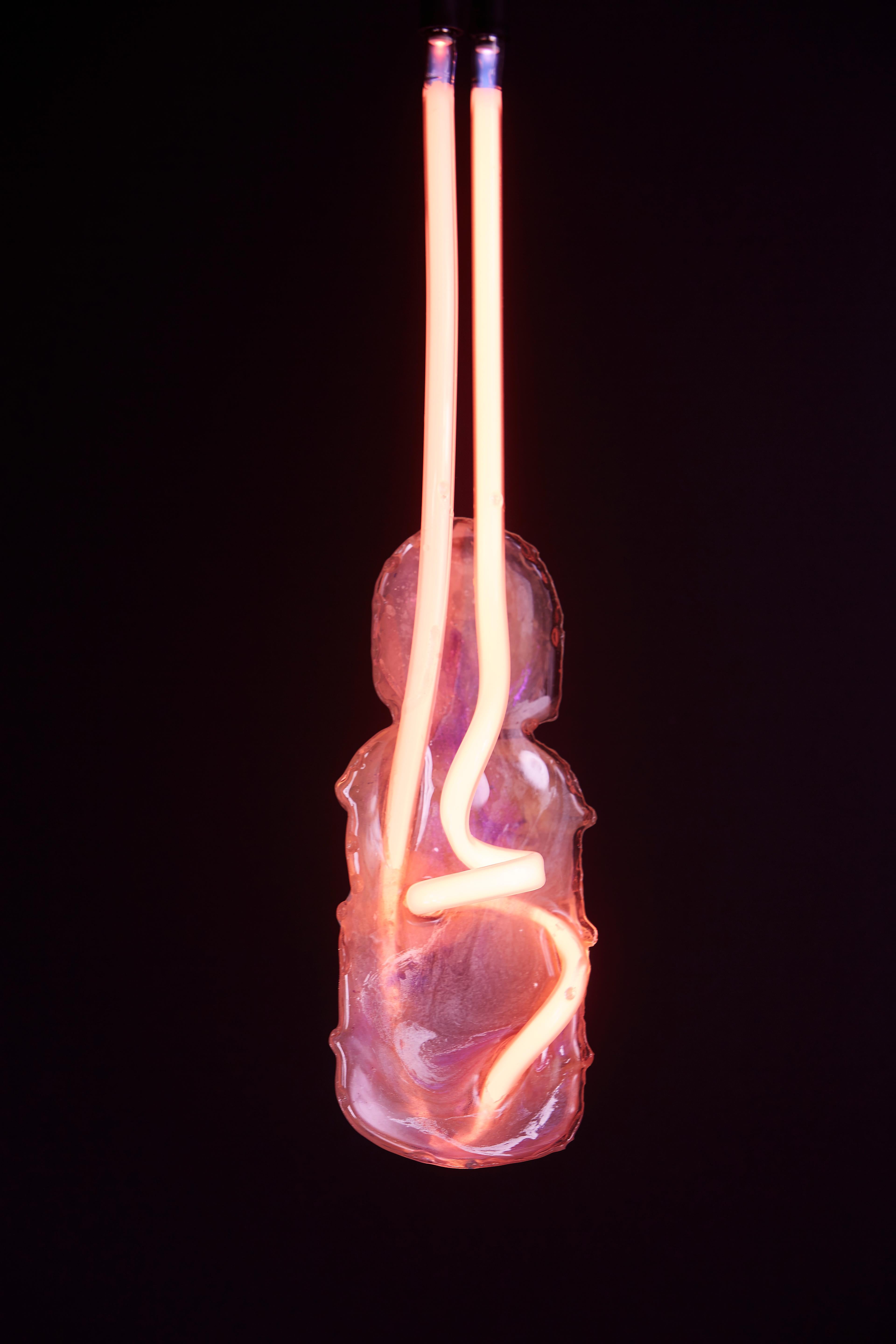 Modern ‘Ghost’ Hanging Neon Pendant Abstract Light Sculpture, Neon Embedded in Resin For Sale