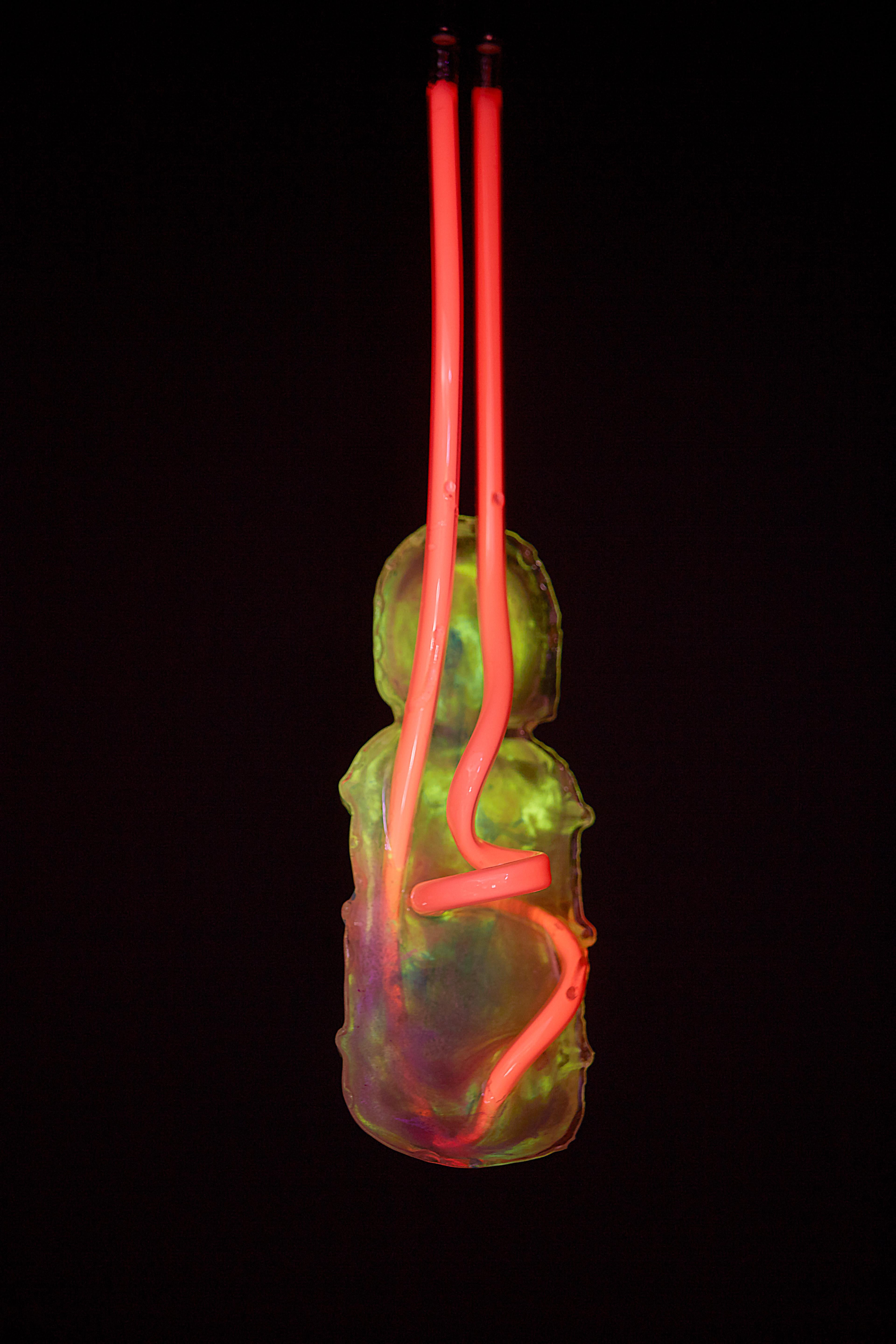 ‘Ghost’ Hanging Neon Pendant Abstract Light Sculpture, Neon Embedded in Resin In New Condition For Sale In Brooklyn, NY