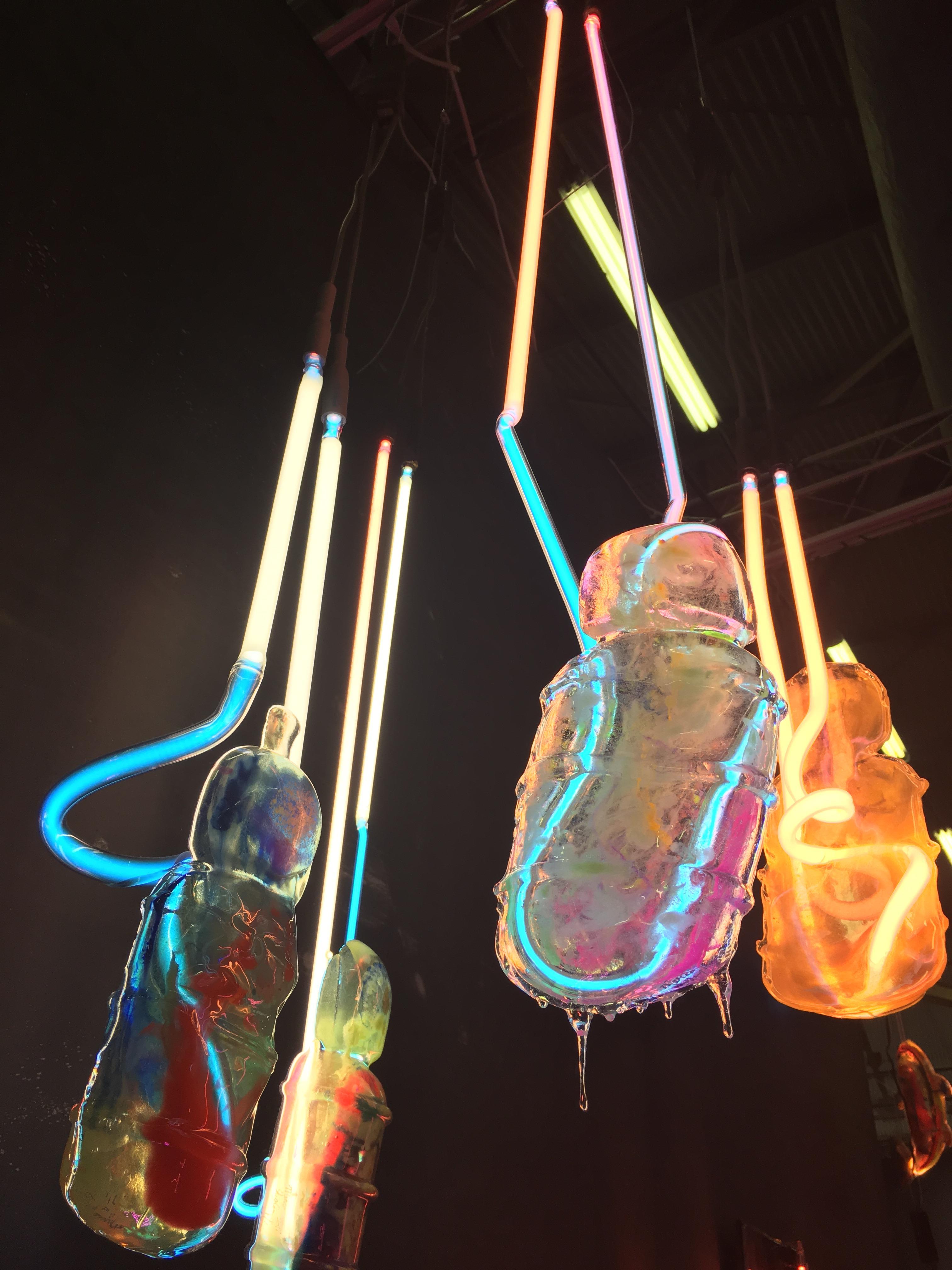 Art Glass ‘Ghost’ Hanging Neon Pendant Abstract Light Sculpture, Neon Embedded in Resin For Sale