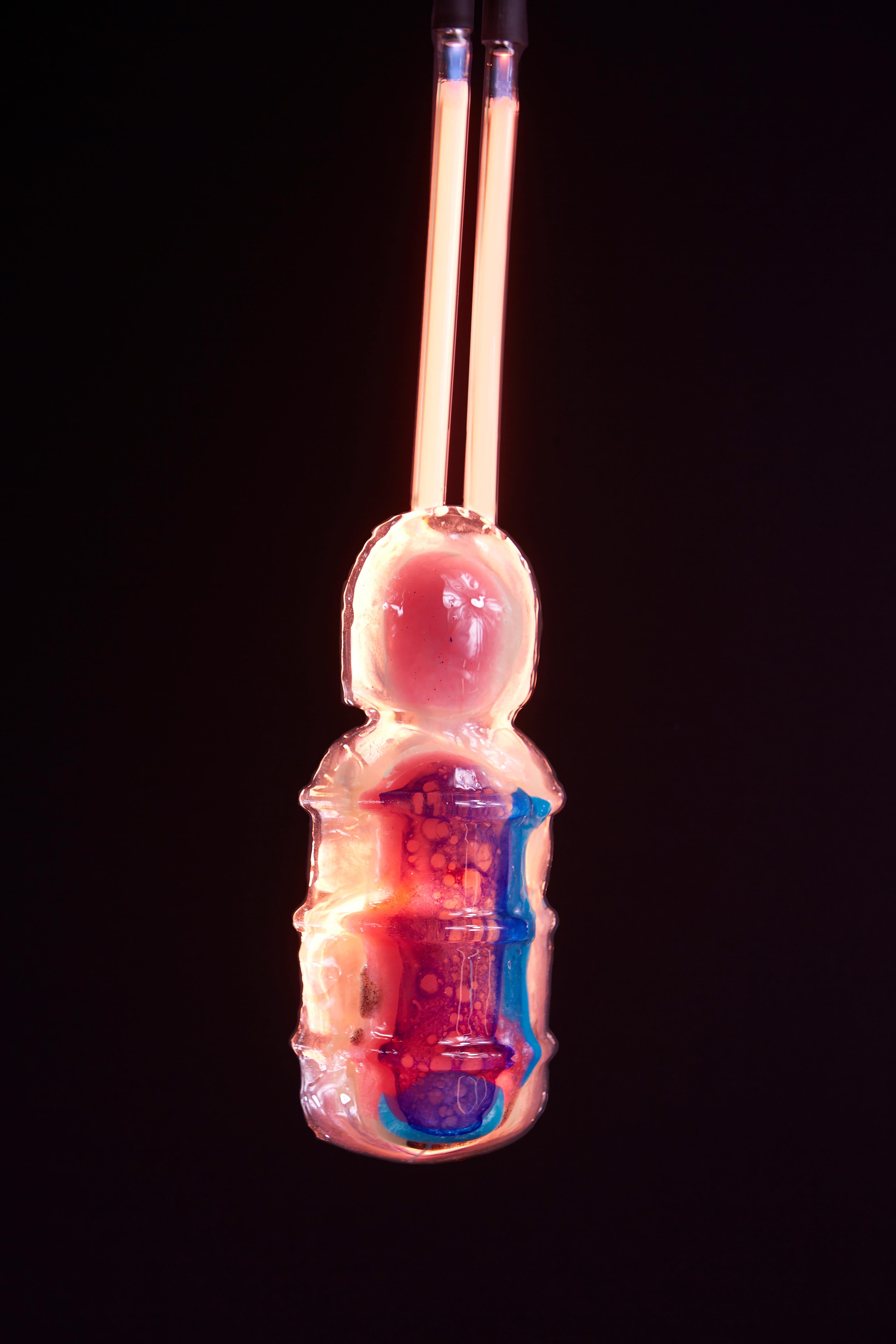 ‘Ghost’ Hanging Neon Pendant Abstract Light Sculpture, Neon Embedded in Resin For Sale