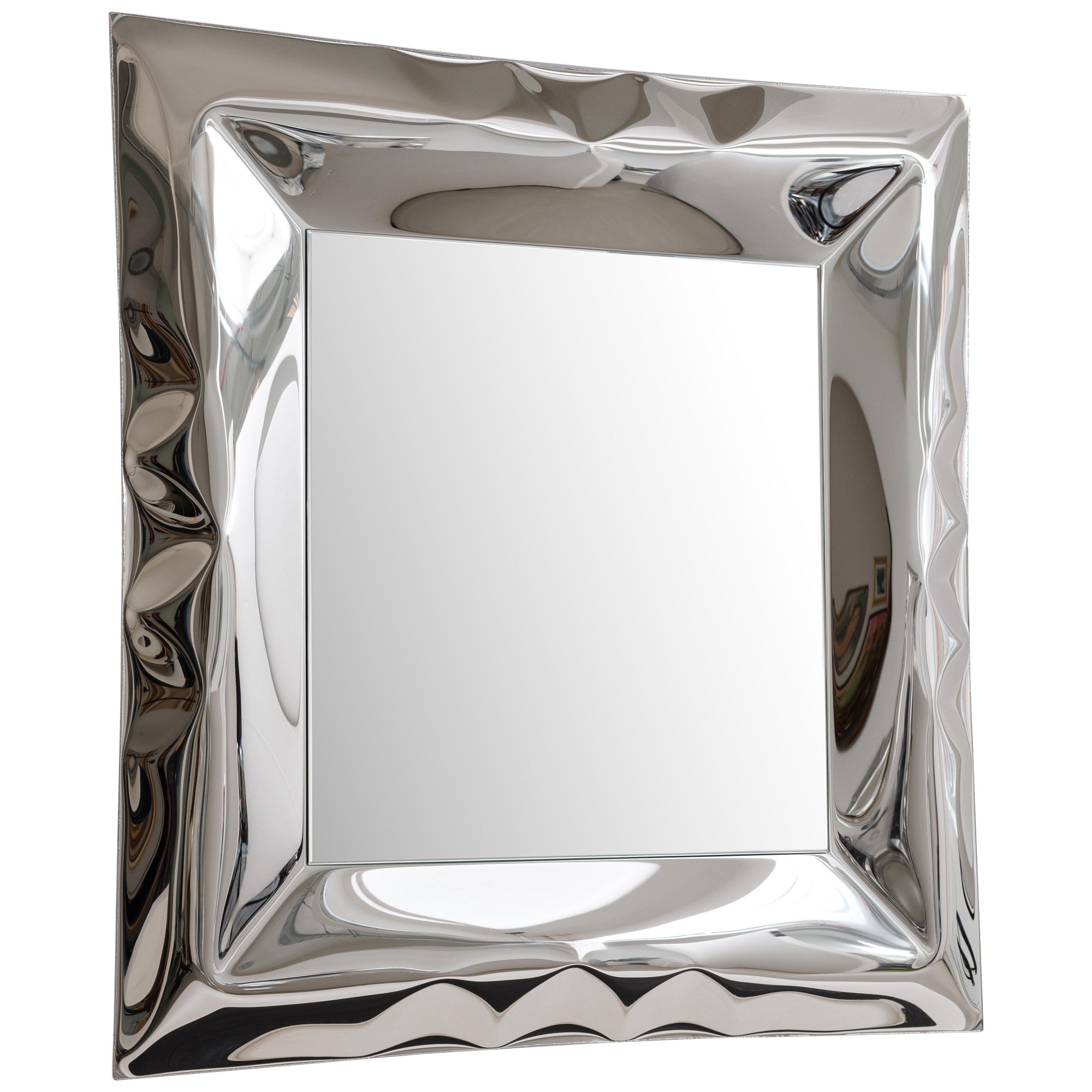 'Ghost' inflated metal square mirror, stainless steel and glass