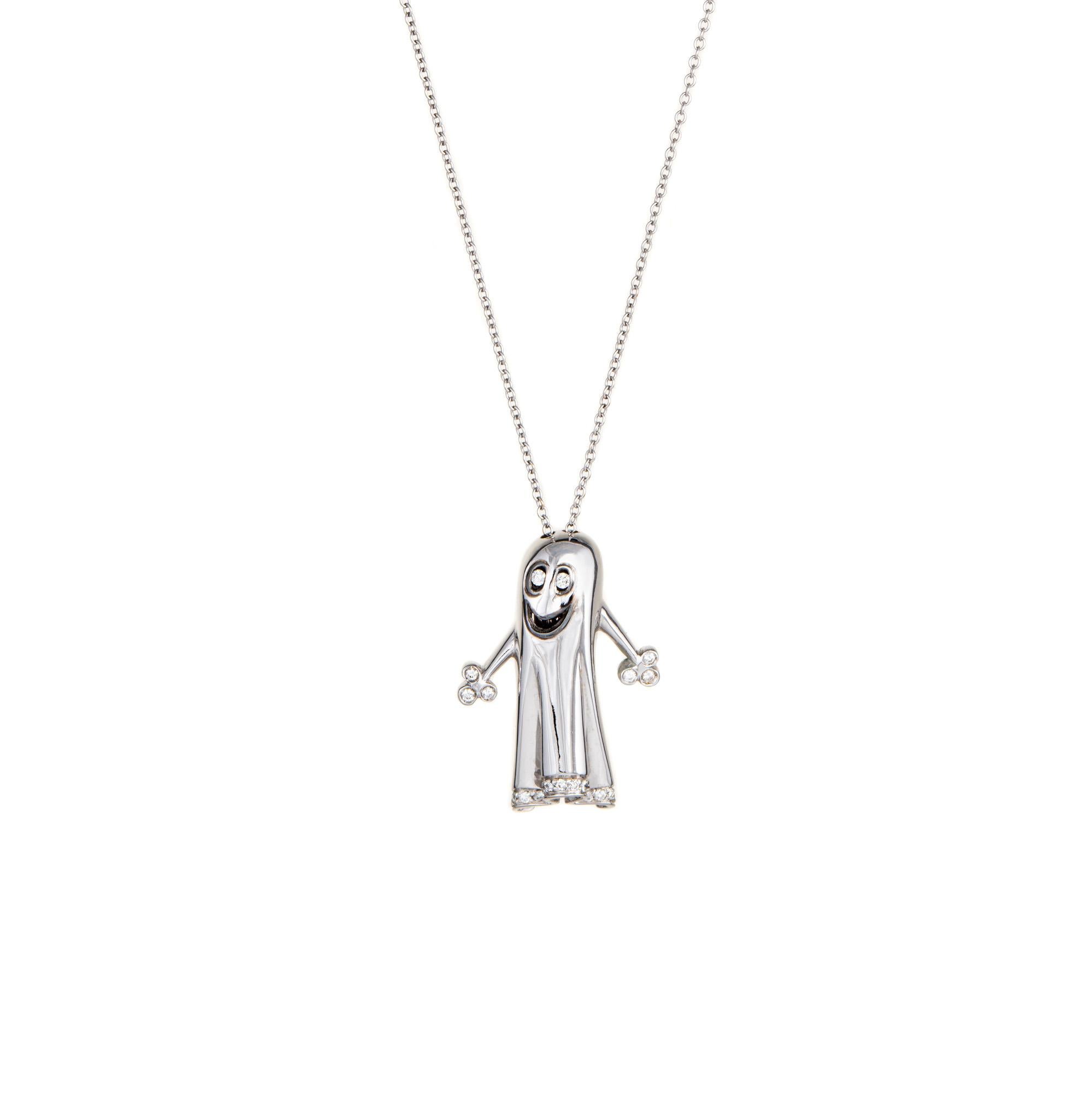 Finely detailed estate Ghost necklace crafted in 18k white gold.  

24 diamonds total an estimated at 0.12 carats (estimated at H-I color and SI1-I1 clarity).

The beautifully detailed pendant highlights an animated Ghost with diamond set eyes,
