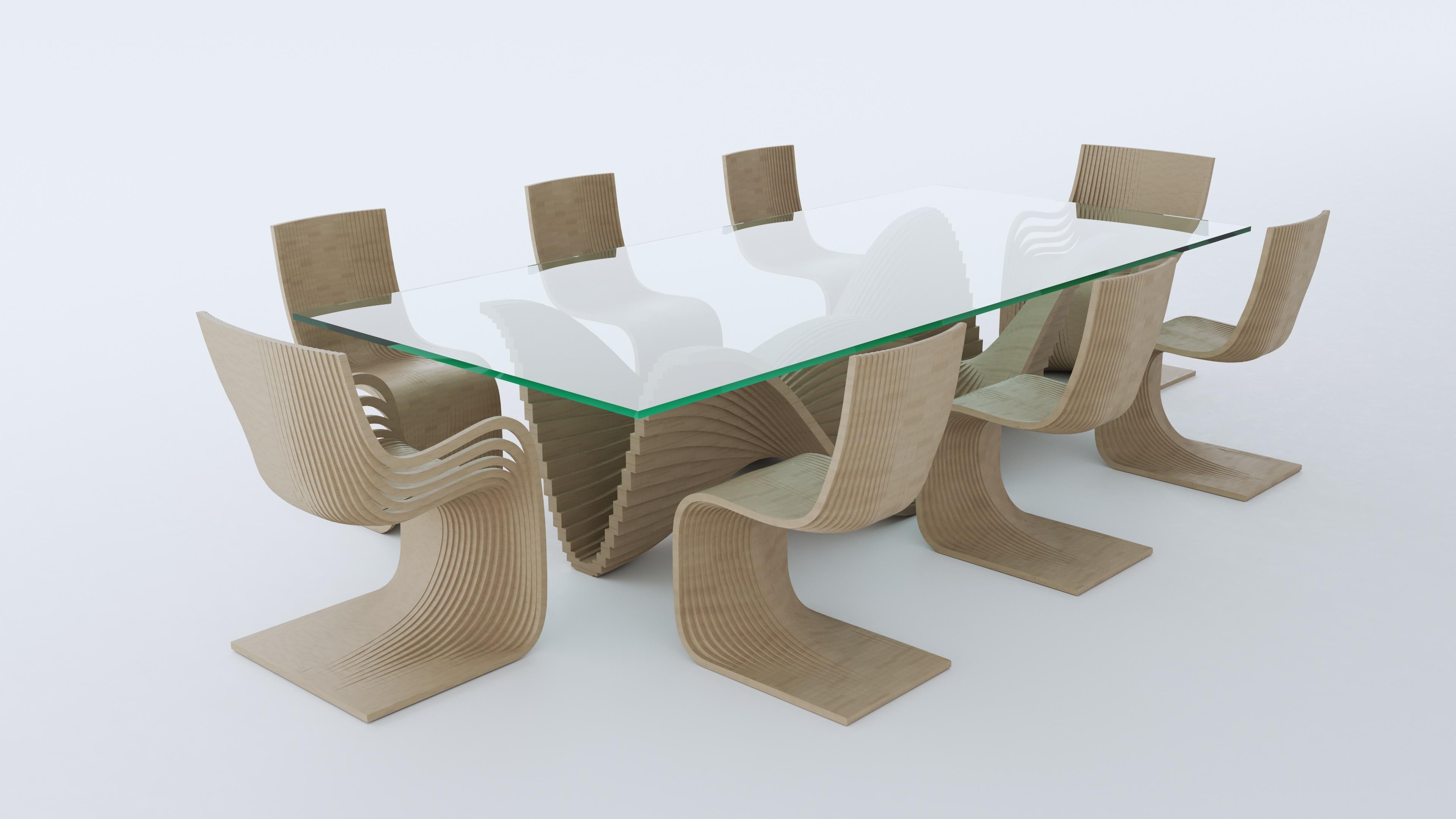  Un mueble extraordinario que combina la inspiración etérea de un fantasma con la belleza natural de la artesanía de la madera. Esta mesa de comedor está fabricada con 36 secciones verticales de madera laminada de abedul y pícea, de 18,5 mm de